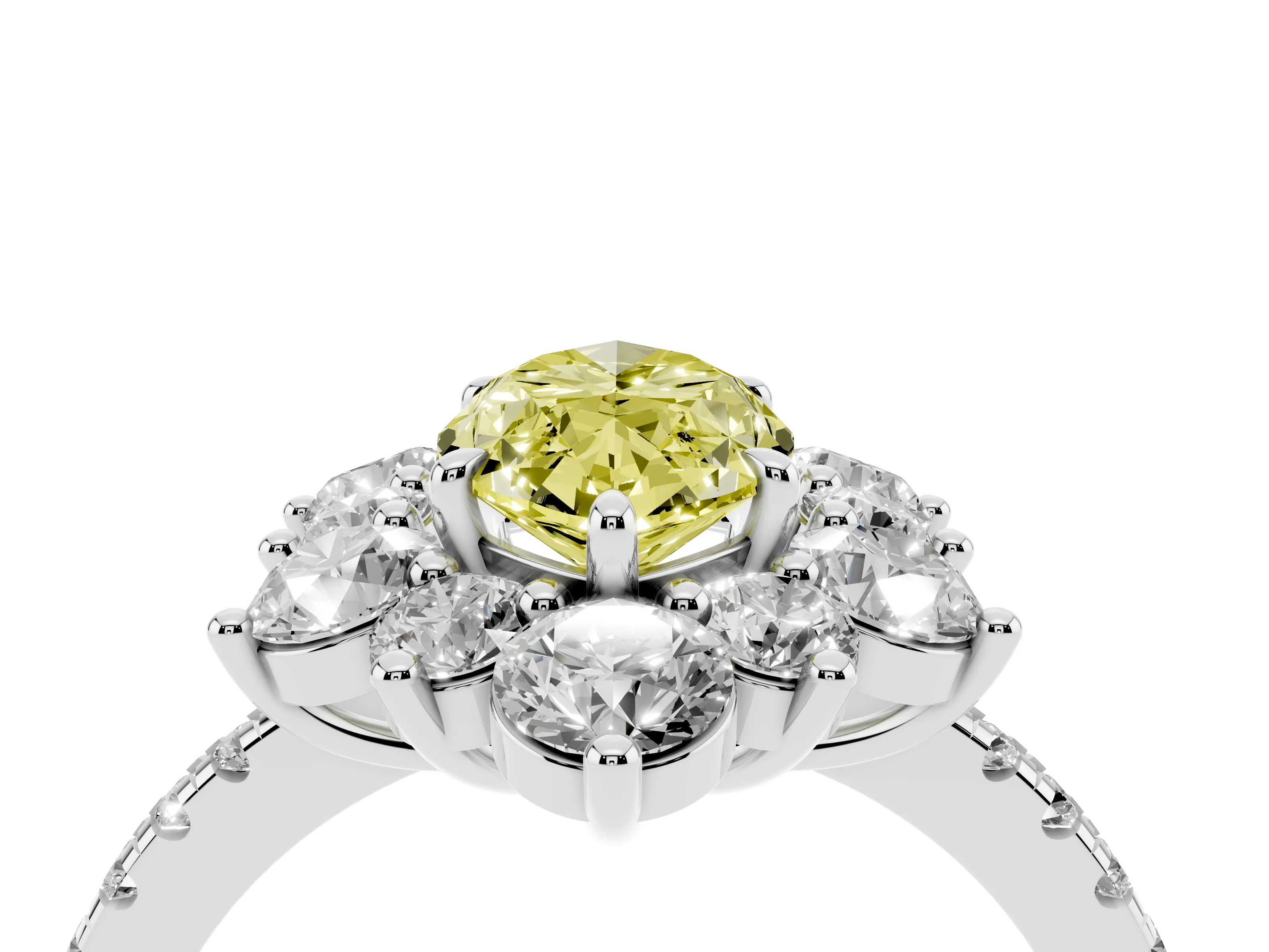 Fancy Yellow Marquise Cut Diamond Floral Halo Ring Set in White gold with Round Pavé Band and Prong Setting