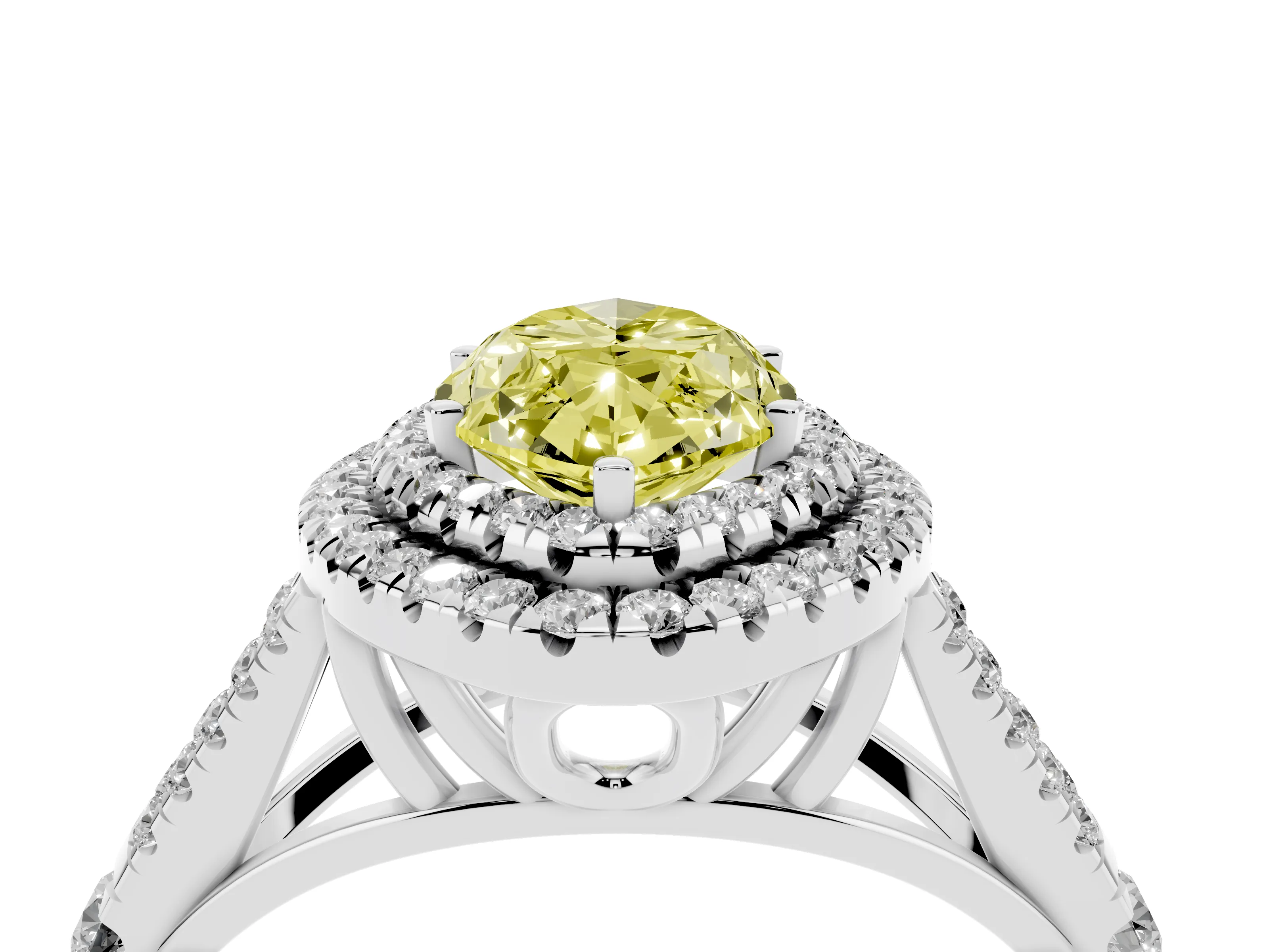 Fancy Yellow Marquise Cut Diamond Pavé Split Shank Double Halo Engagement Ring Set in Silver
