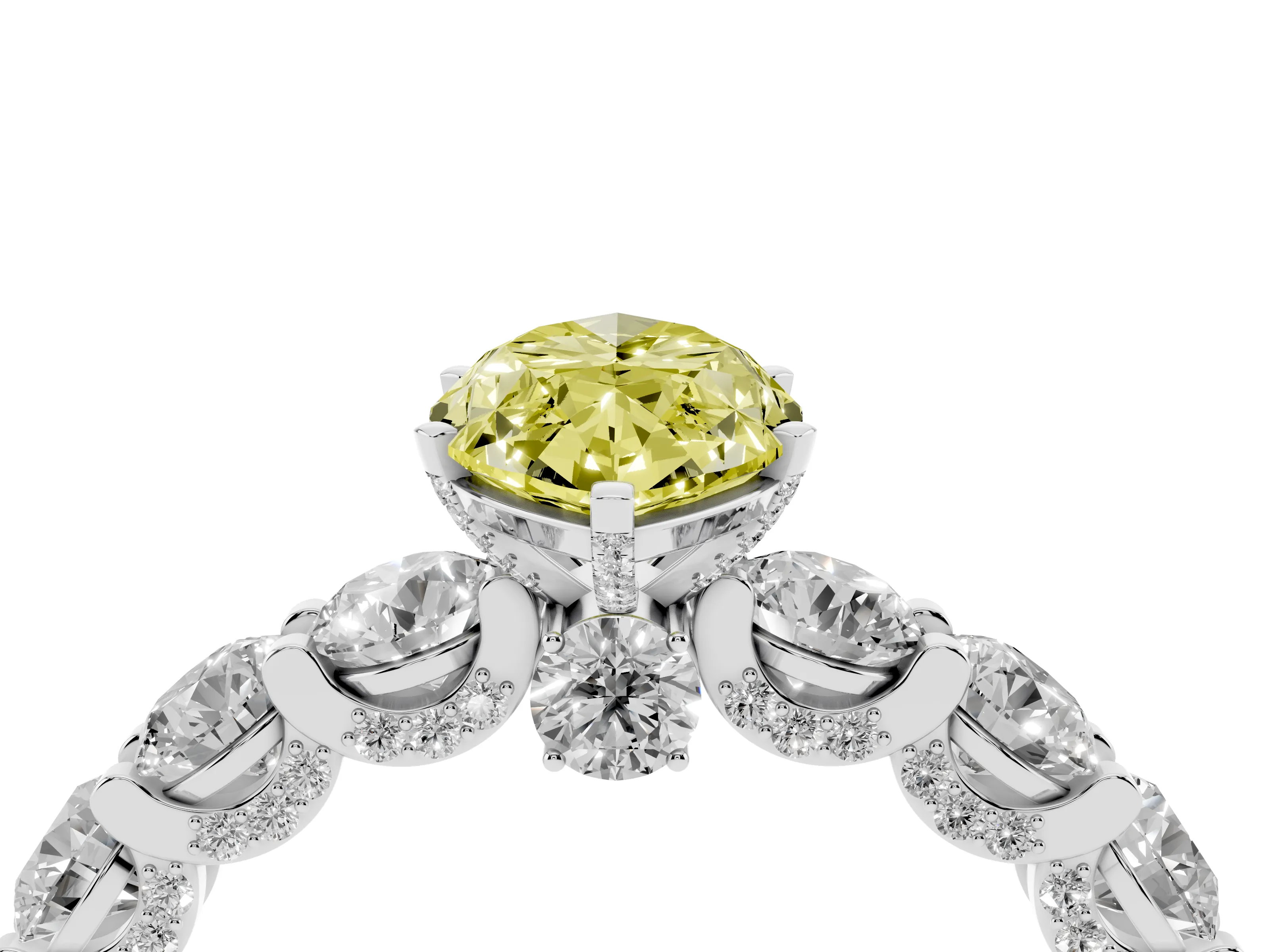 Fancy Yellow Marquise Cut Diamond Side Stone Ring Set in Silver with Alternating Round and Oval Side Stones