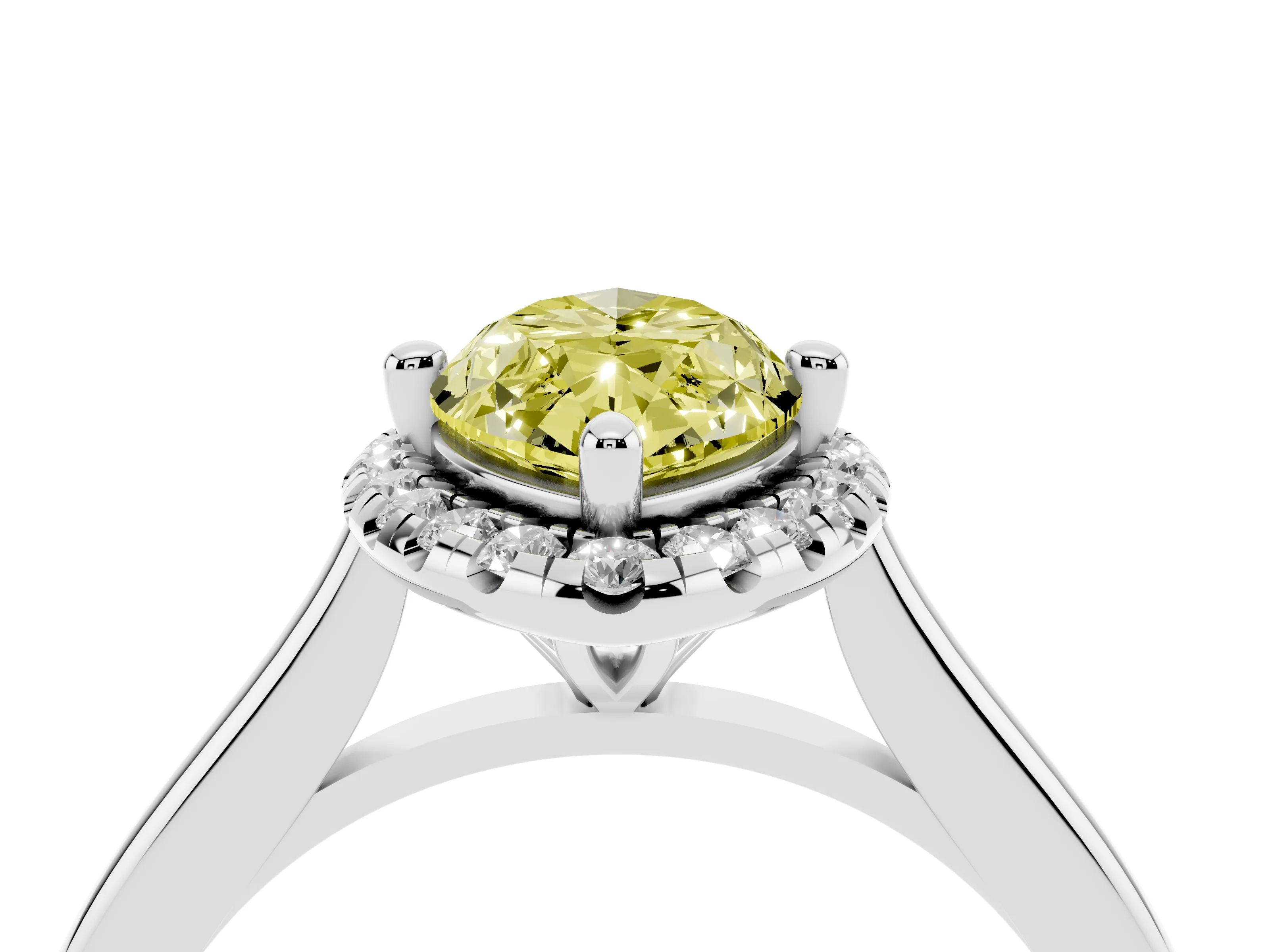 Fancy Yellow Marquise Cut Diamond Halo Engagement Ring Set in White gold with Pavé Band and Rising Shoulders