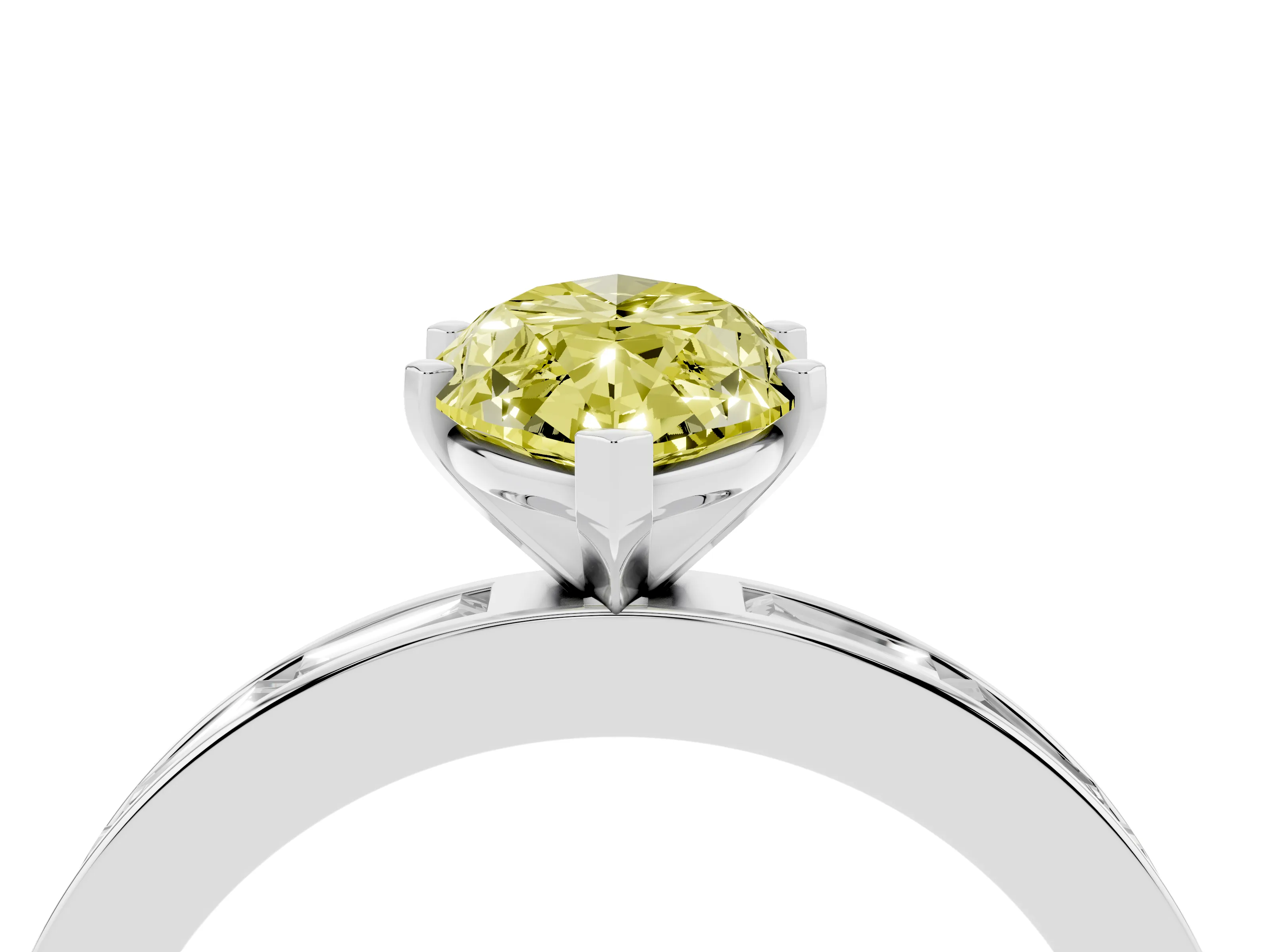 Fancy Yellow Marquise Cut Diamond Solitaire Ring Set in White gold with Channel-Set Baguette Band and Prong Setting