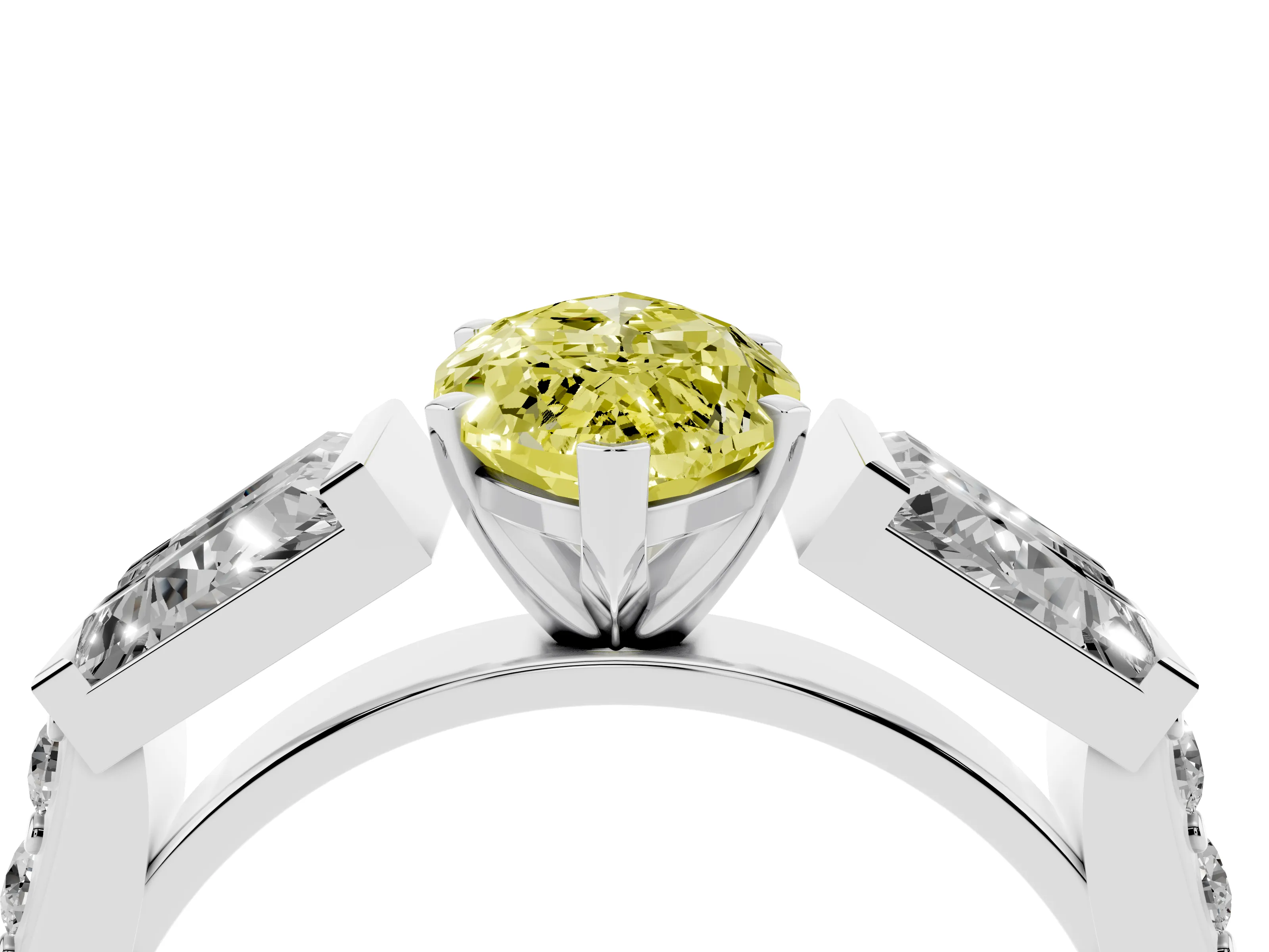 Fancy Yellow Marquise Cut Diamond Engagement Ring Set in White gold with Baguette Side Stones and Channel Set Band