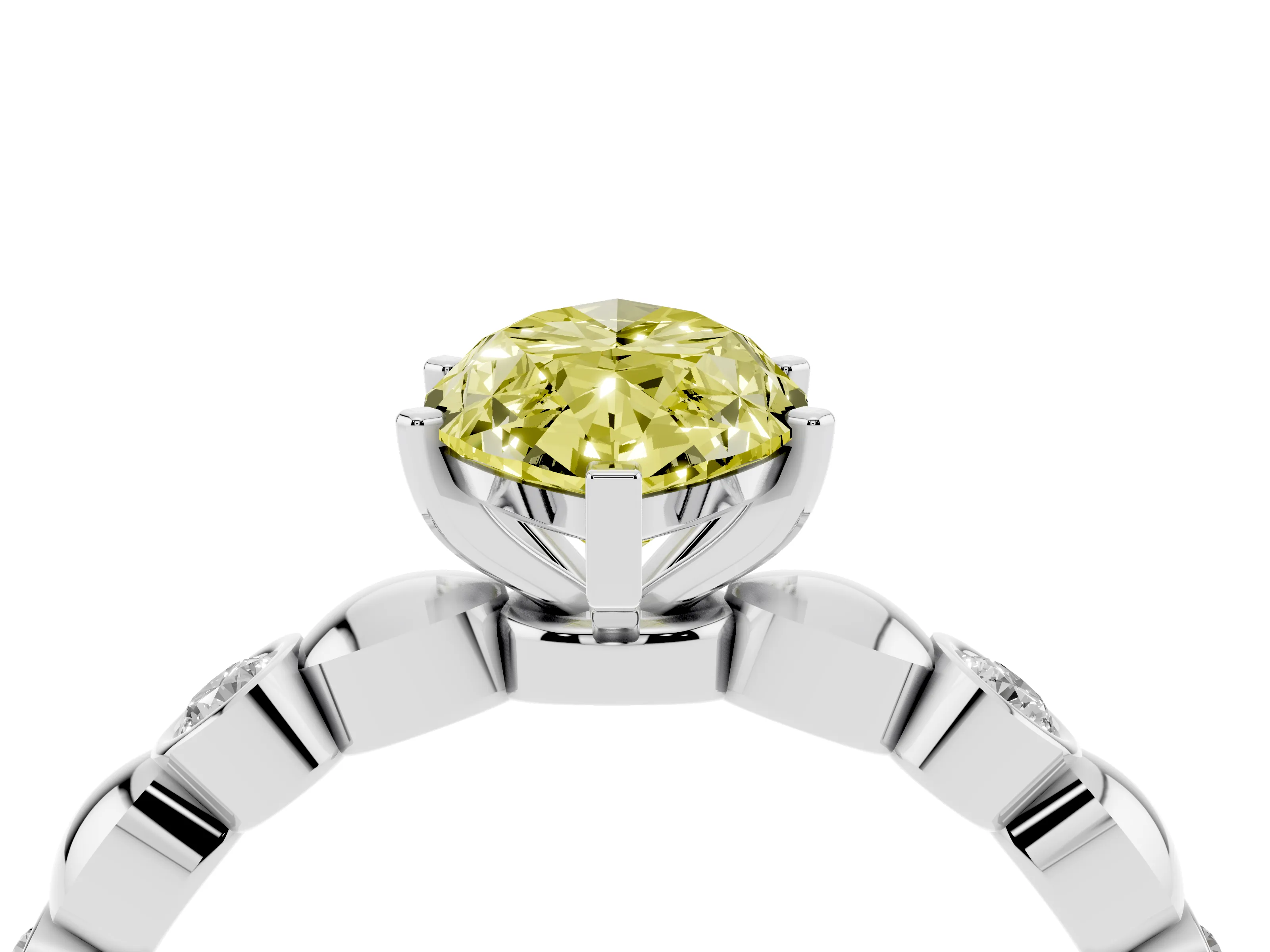 Fancy Yellow Marquise Cut Diamond Solitaire Ring Set in Platinum with Bezel-Set Accents on Beaded Band and Prong Setting