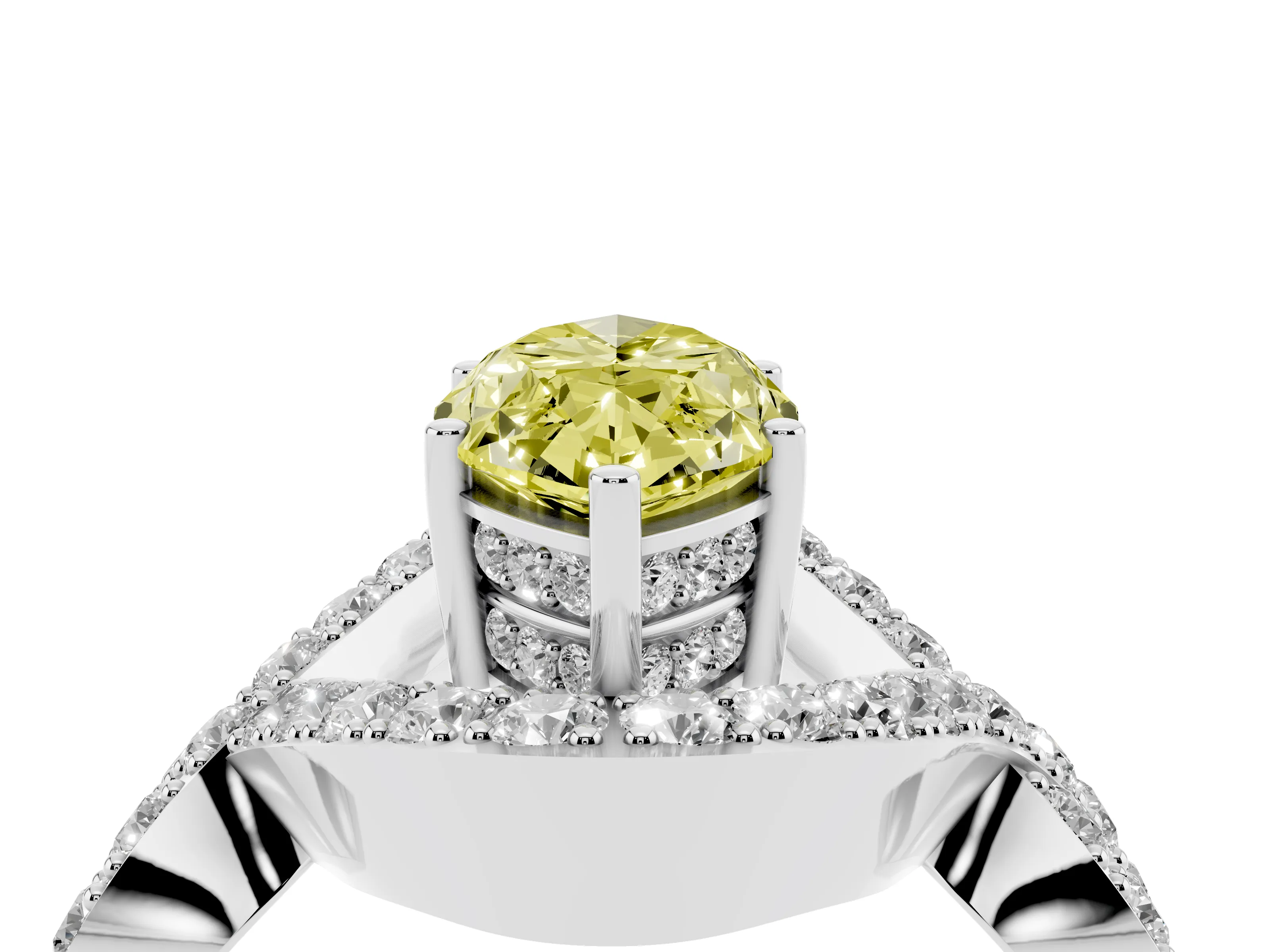 Fancy Yellow Marquise Cut Diamond Solitaire Twist Band Pavé Engagement Ring Set in Platinum