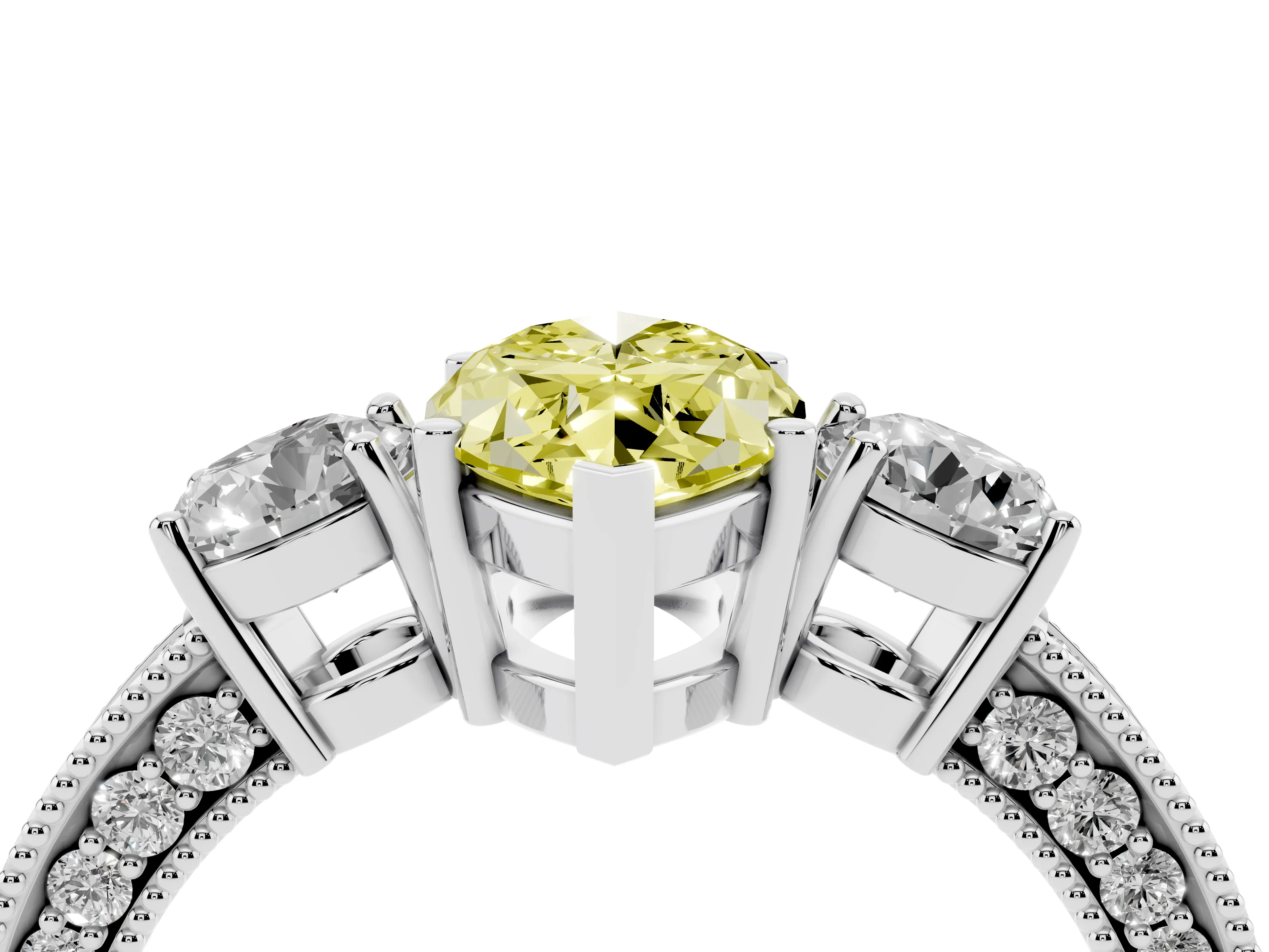 Fancy Yellow Marquise Cut Diamond Three-Stone Ring Set in White gold with Round Side Stones and Pavé Band