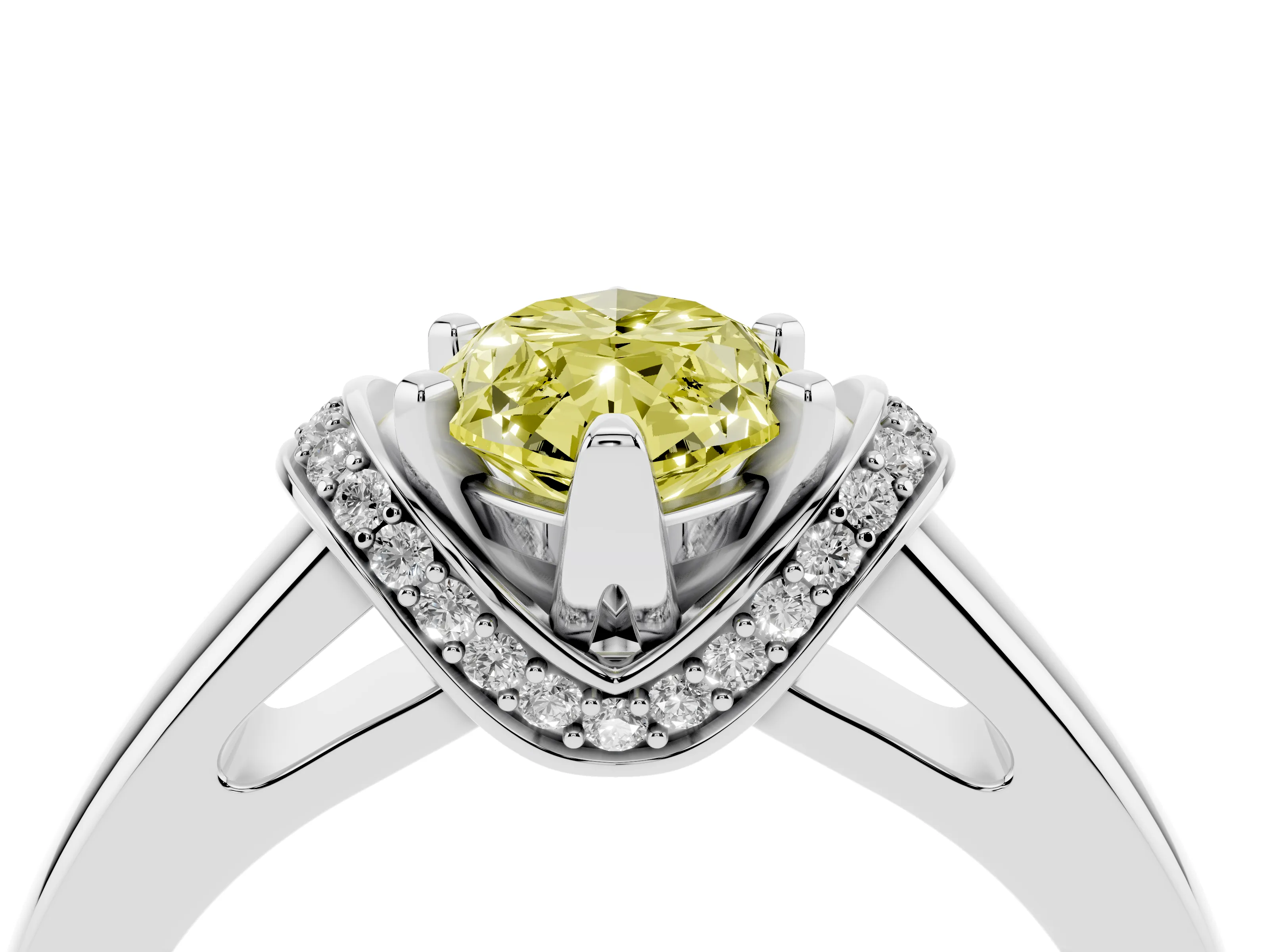 Fancy Yellow Marquise Cut Diamond Pavé Band Solitaire Ring Set in Platinum with Prong Setting