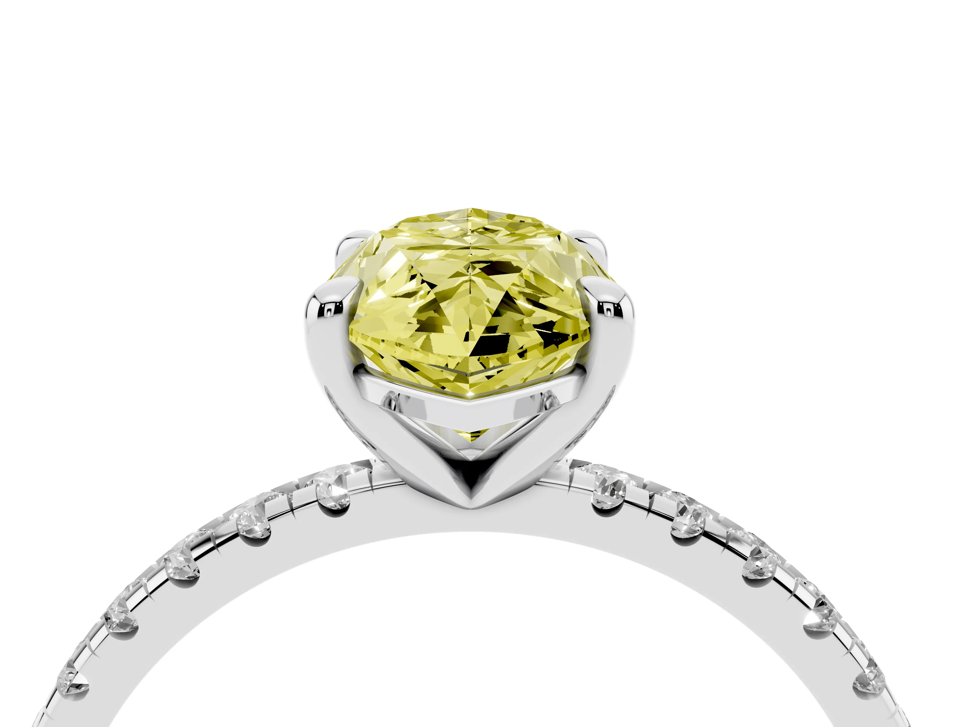Fancy Yellow Marquise Cut Diamond Brilliant Solitaire Ring Set in White gold with Pavé Band and Prong Setting