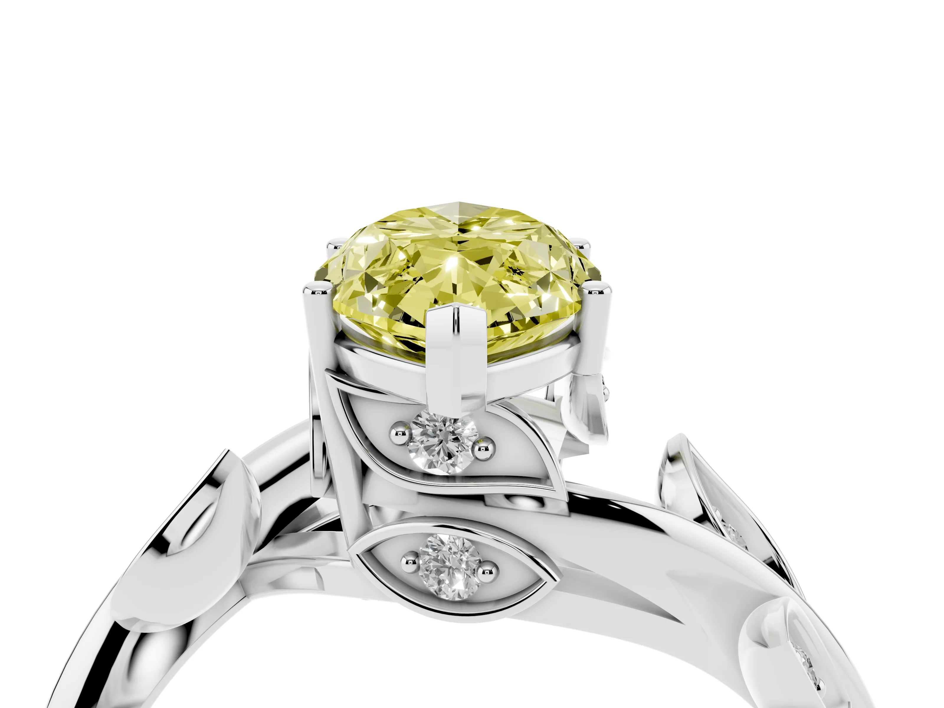 Fancy Yellow Marquise Cut Diamond Solitaire Twist Engagement Ring Set in Silver with Pavé Leaf Accents
