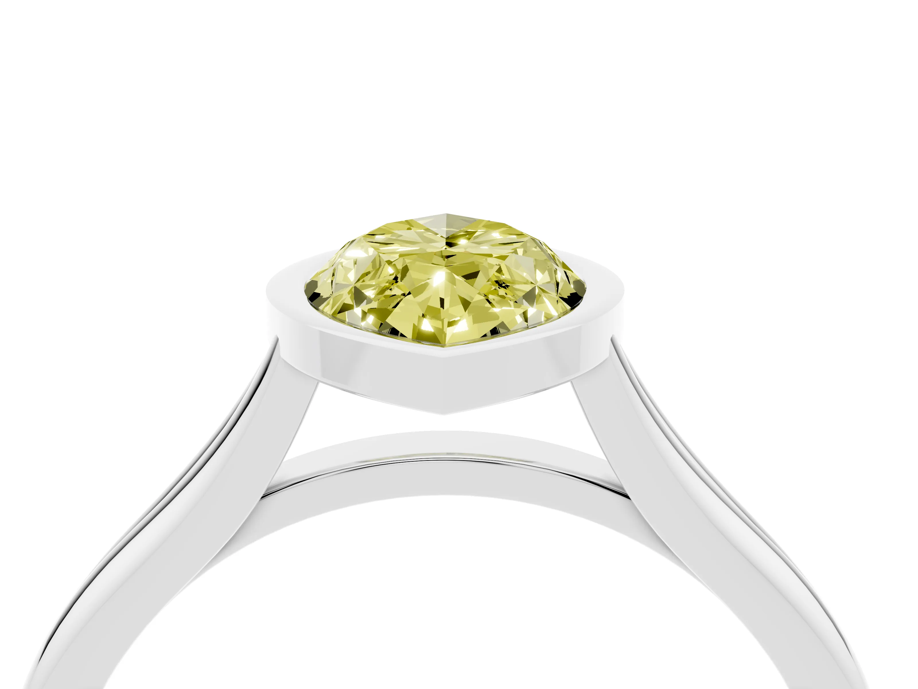 Fancy Yellow Bezel Set Marquise Cut Diamond Solitaire Ring Set in White gold with Tapered Band