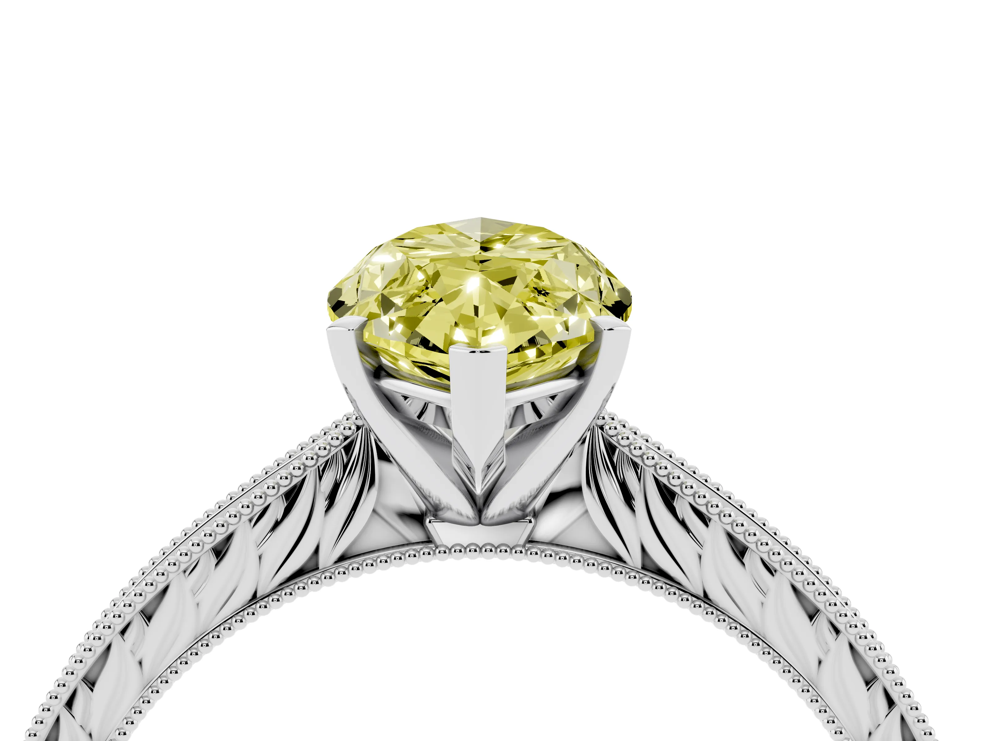 Fancy Yellow Marquise Cut Diamond Solitaire Milgrain Engraved Band Set in White gold with Prong Setting