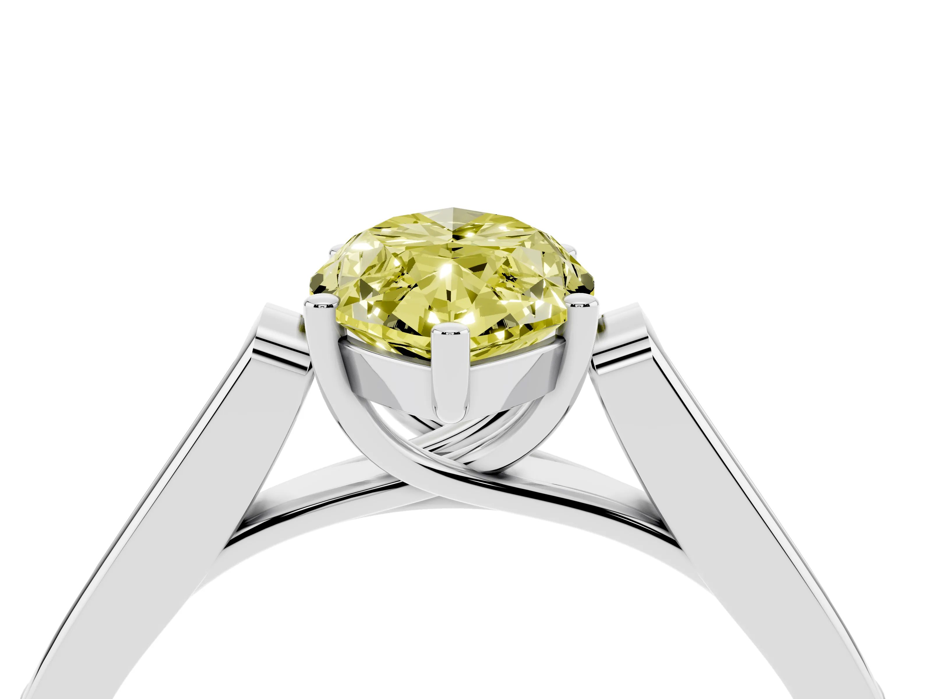 Fancy Yellow Marquise Cut Diamond Solitaire Cathedral Engagement Ring Set in White gold with Channel-Set Band and Prong Setting