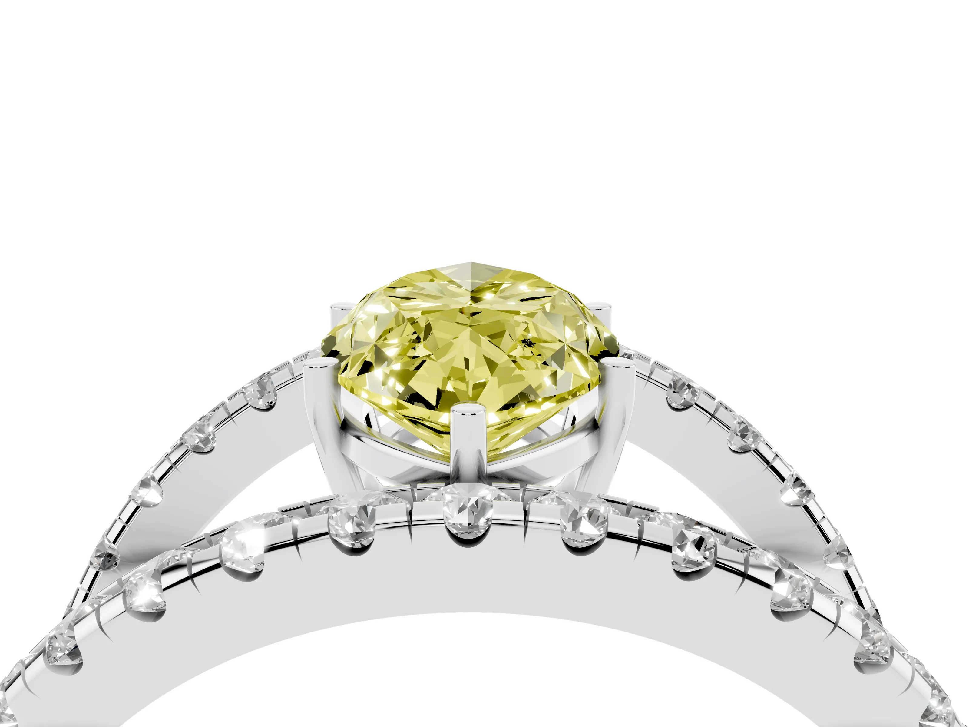 Fancy Yellow Marquise Cut Diamond Split Shank Pavé Solitaire Ring Set in Silver with Open Shank Design