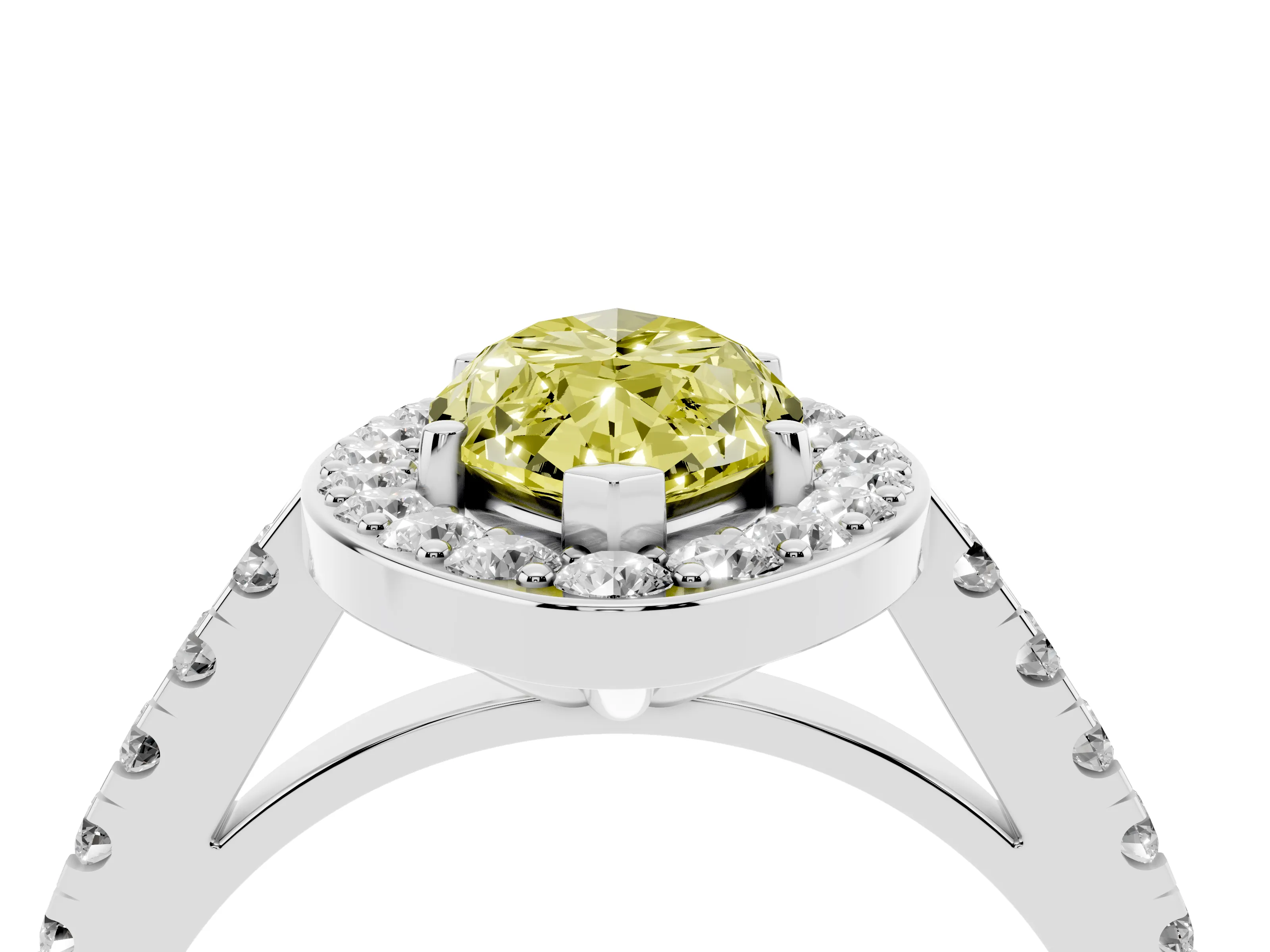 Fancy Yellow Marquise Cut Diamond Halo Ring Set in Silver with Round Pavé Split Shank and Prong Setting