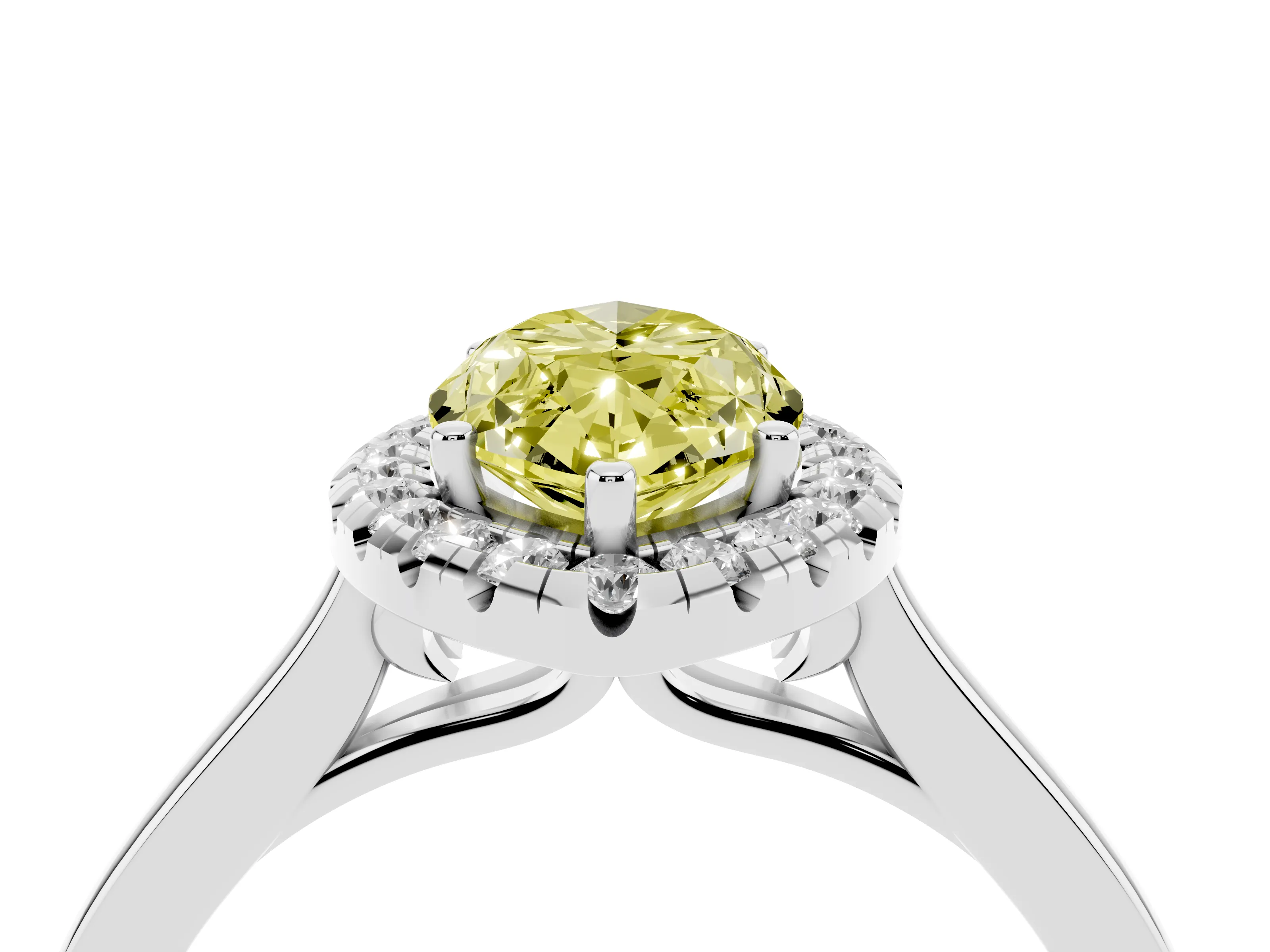 Fancy Yellow Marquise Cut Halo Round Diamond Solitaire Ring Set in Platinum with Pavé Band and Prong Setting