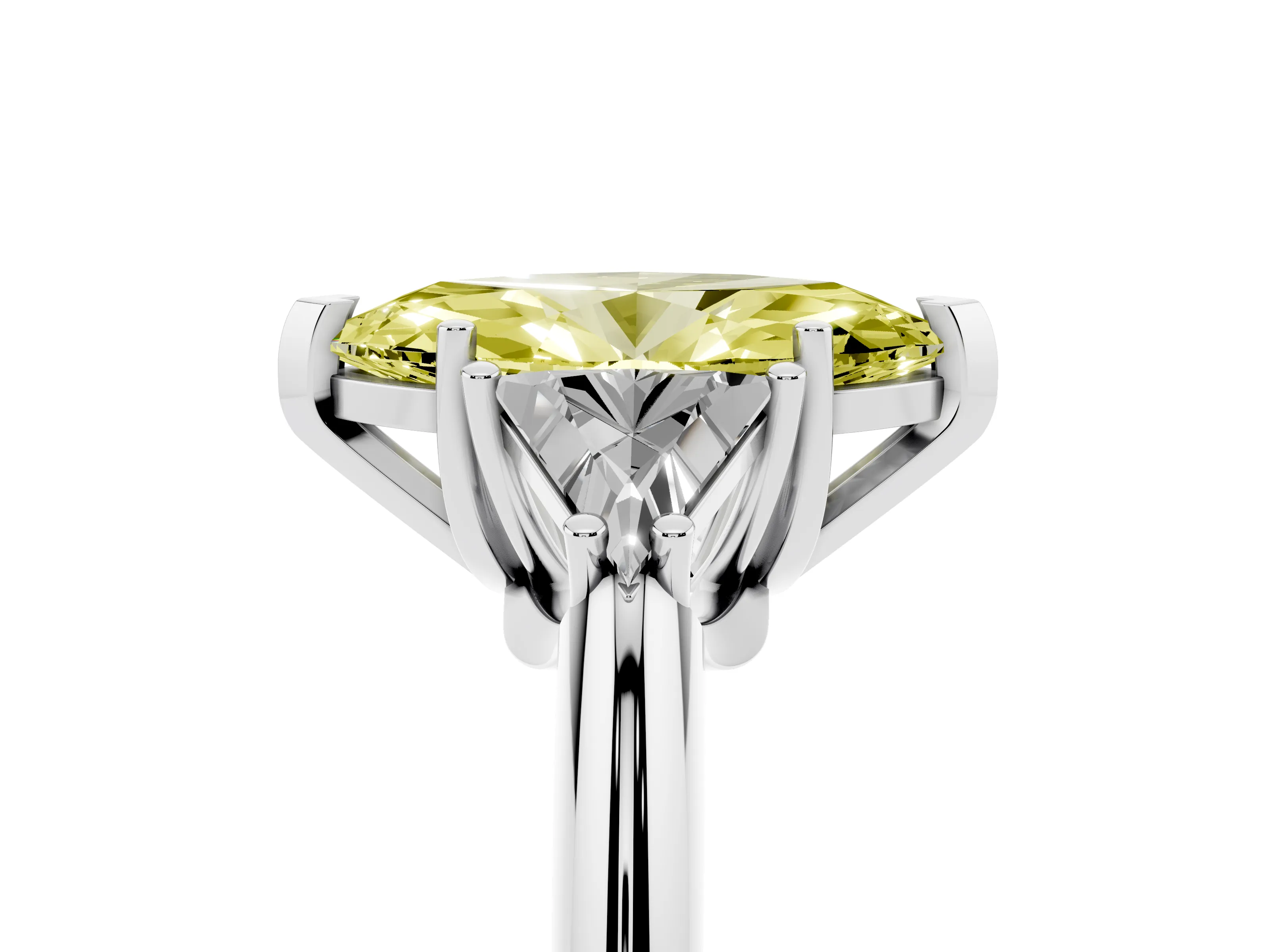 Fancy Yellow Marquise Cut Diamond Three-Stone Engagement Ring Set in Platinum with Trillion Side Stones
