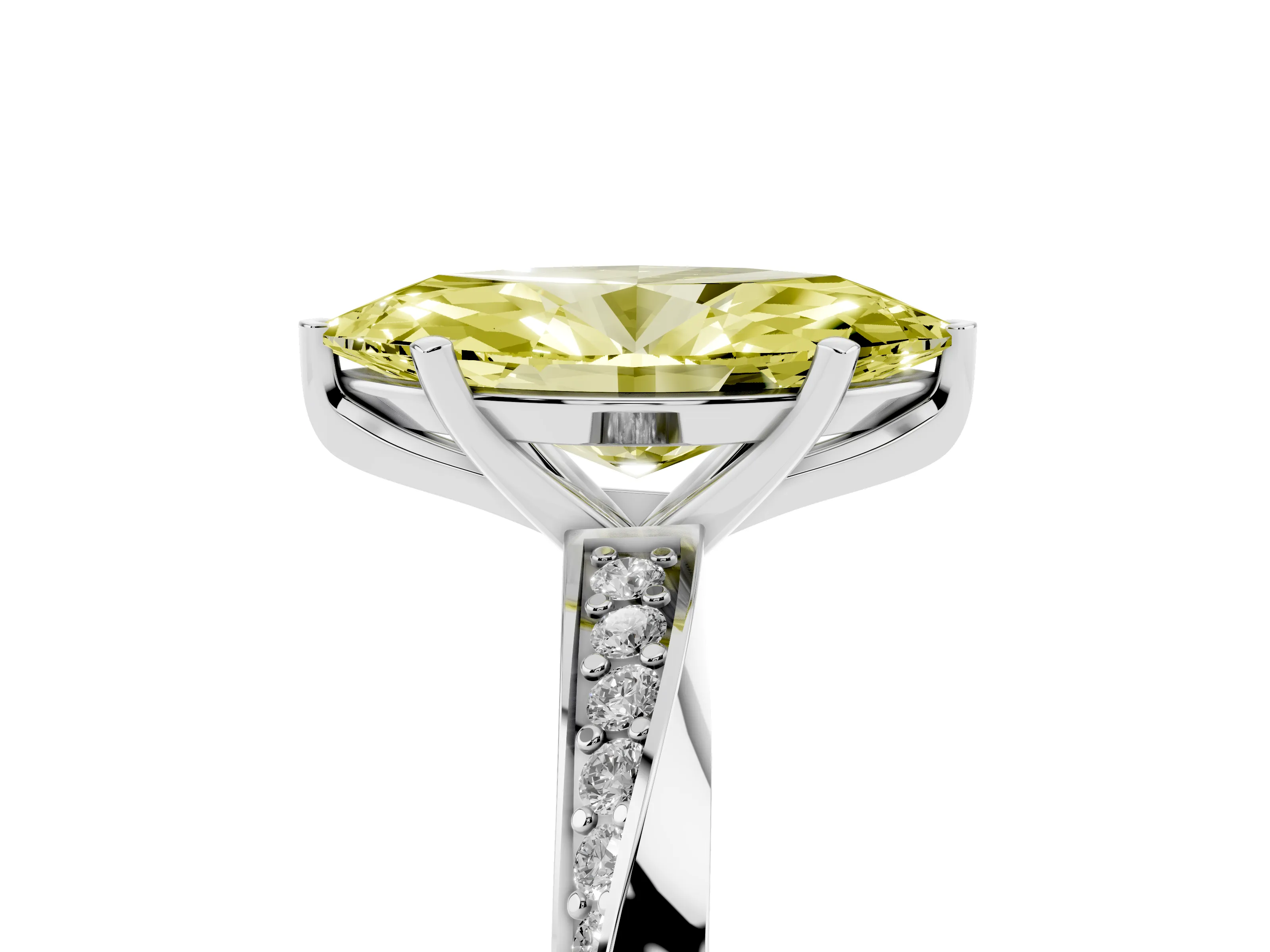 Fancy Yellow Marquise Cut Diamond Engagement Ring Set in Silver with Side Stone Accents and Prong Setting
