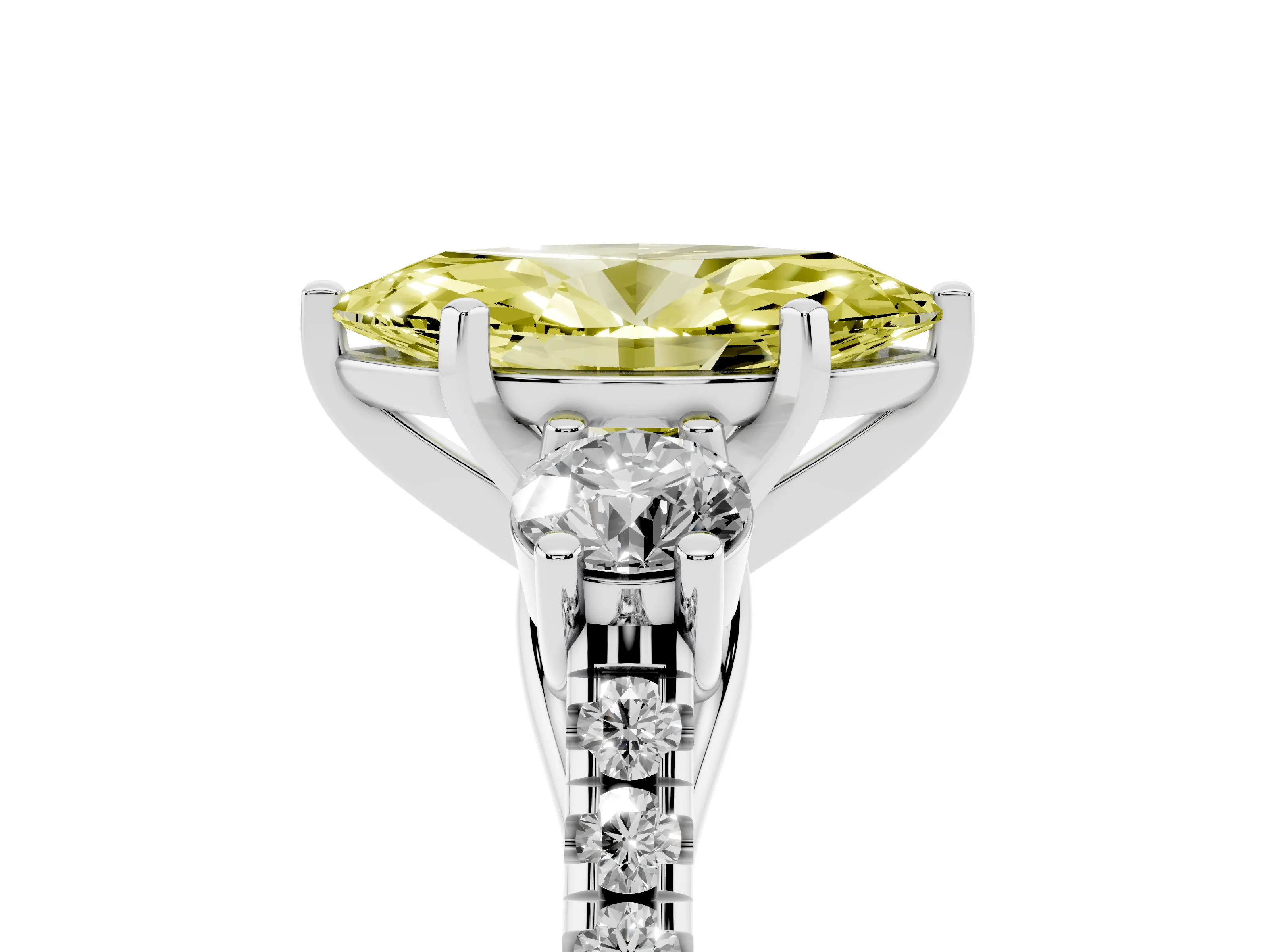 Fancy Yellow Three-Stone Marquise Cut Diamond Pavé Band Ring Set in Platinum with Prong-Set Trio