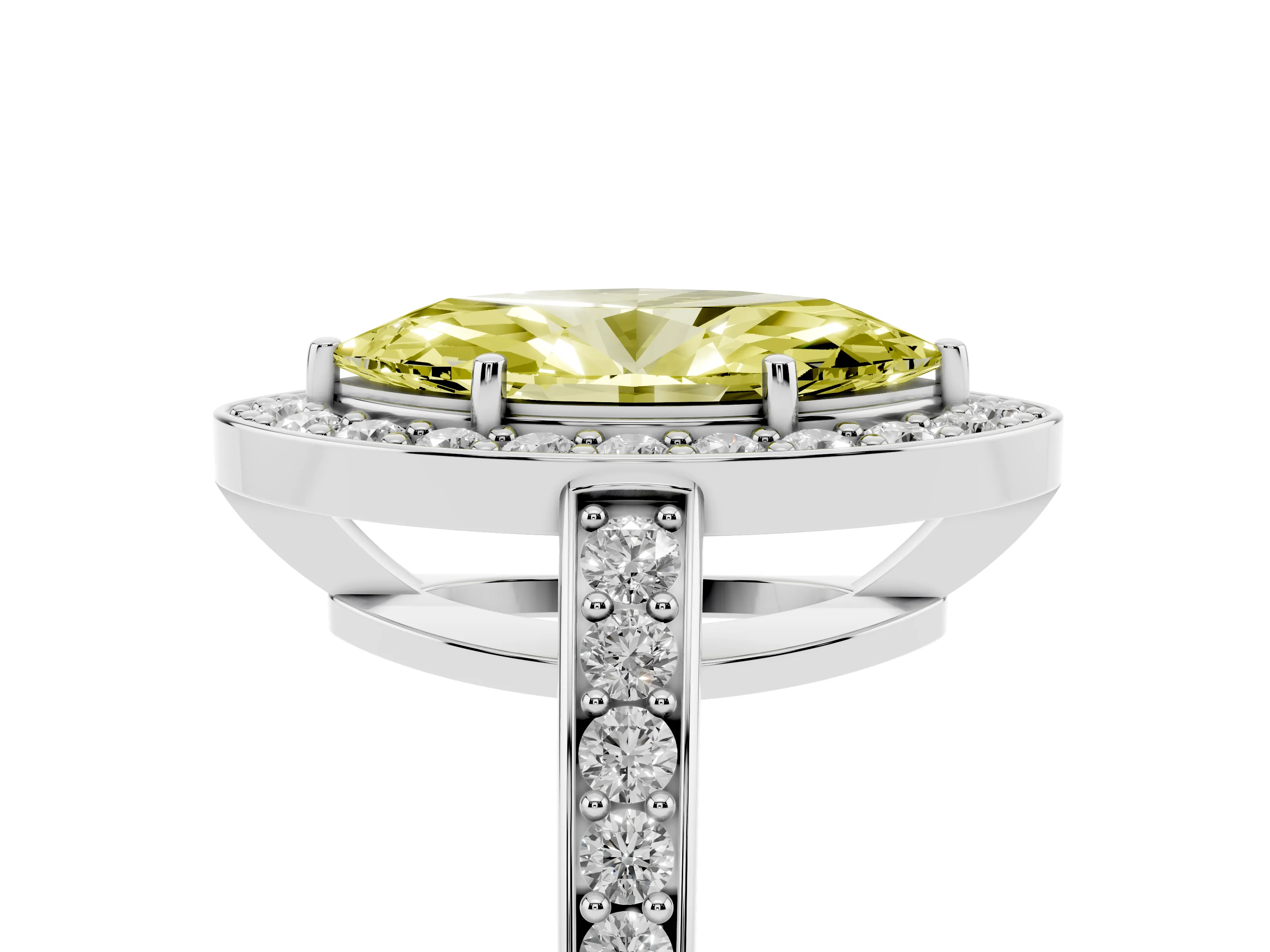 Fancy Yellow Marquise Cut Diamond Halo Pavé Engagement Ring Set in Silver with Bezel Setting