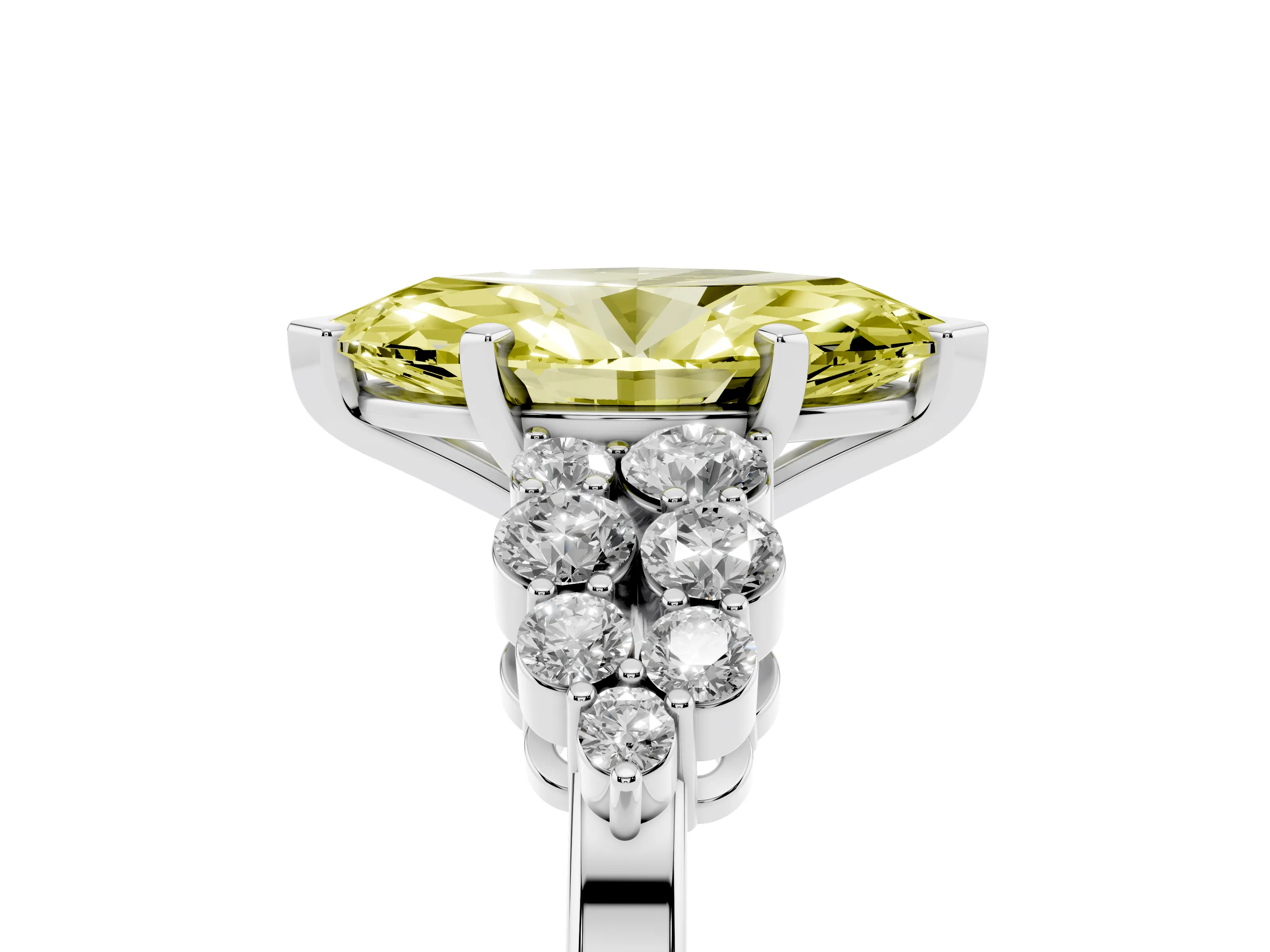 Fancy Yellow Marquise Cut Diamond Cluster Engagement Ring Set in Silver with Pavé Band and Prong Setting