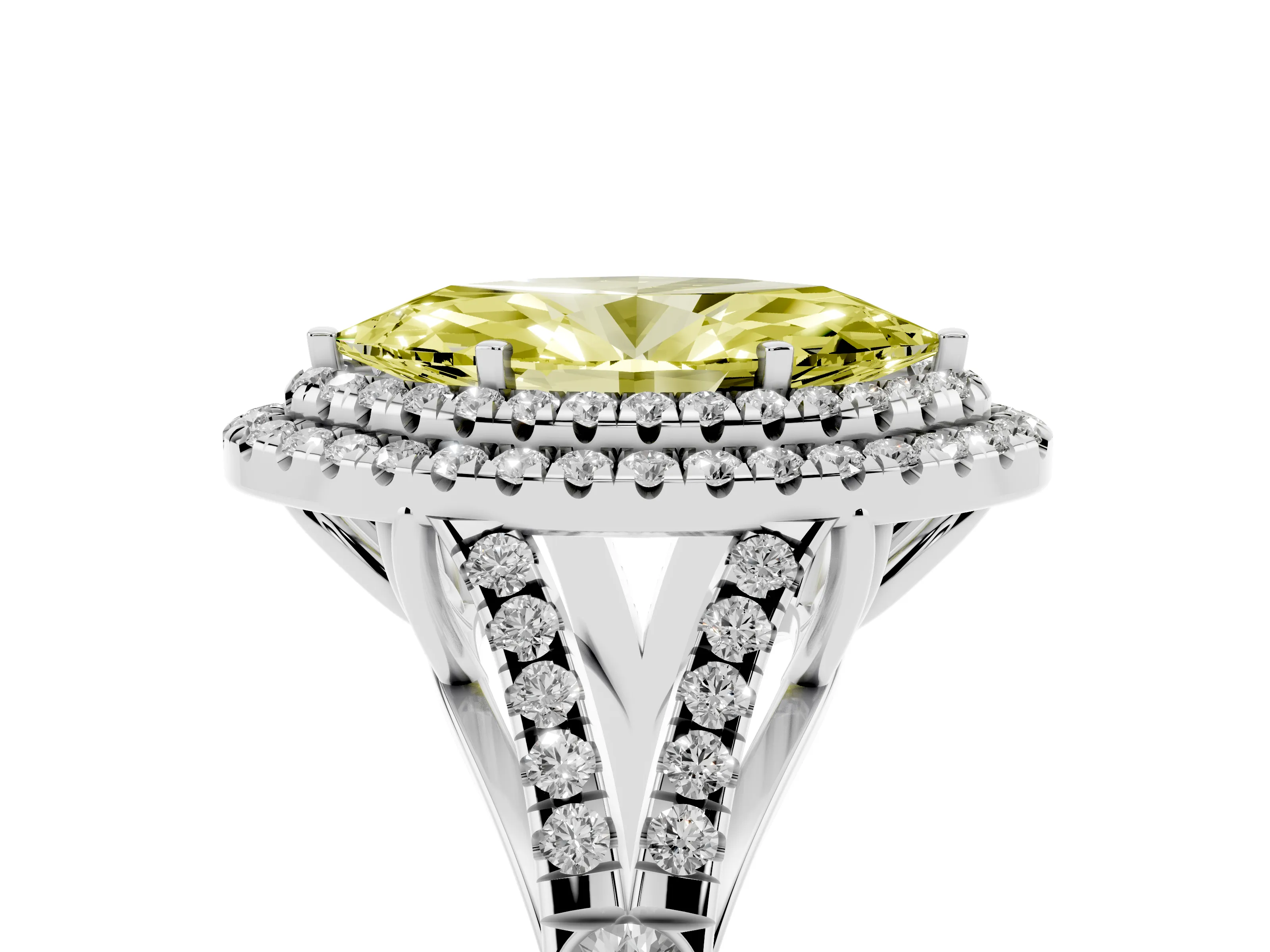Fancy Yellow Marquise Cut Diamond Pavé Split Shank Double Halo Engagement Ring Set in Silver