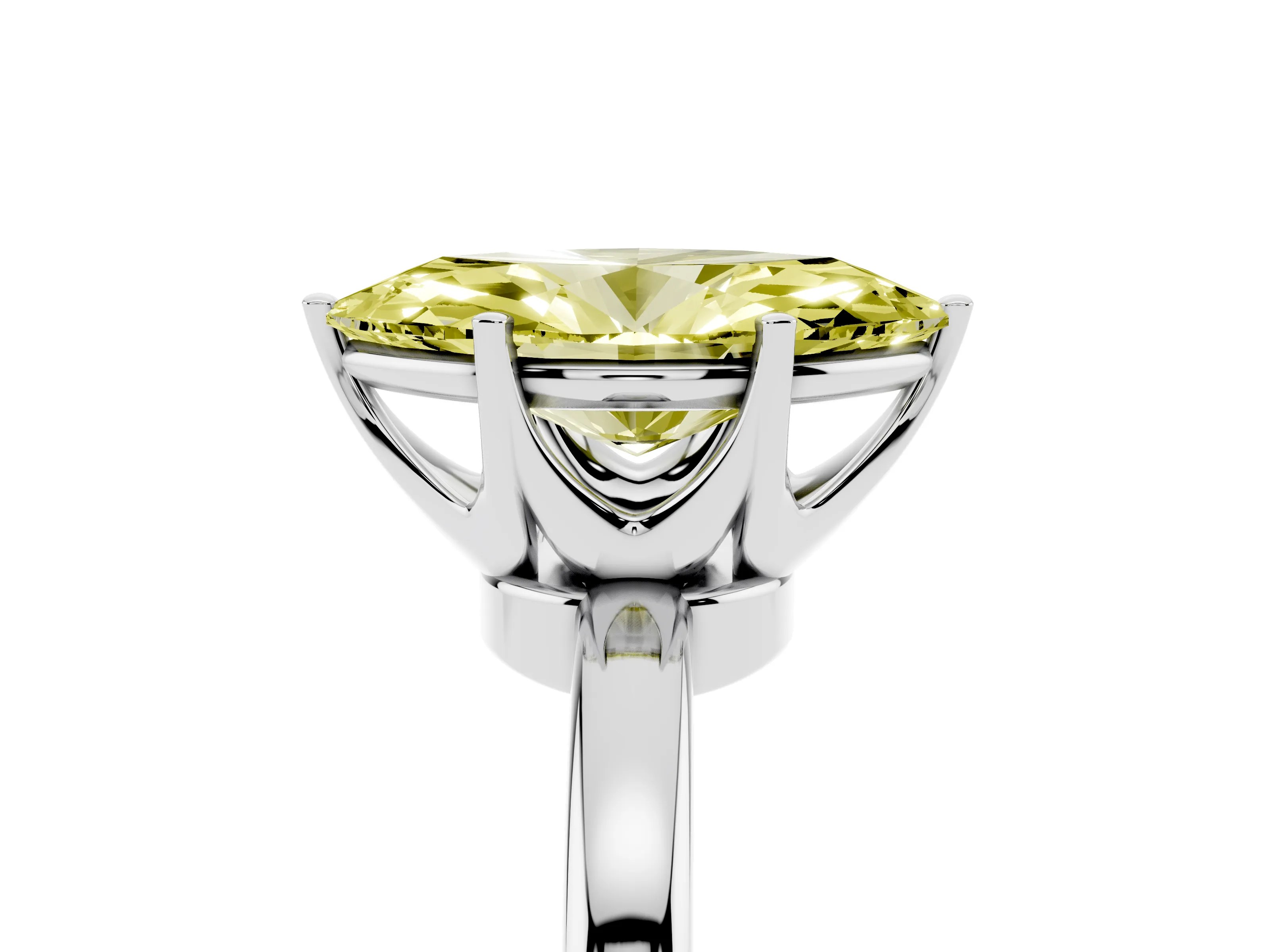Fancy Yellow Marquise Cut Diamond Solitaire Ring Set in White gold with Raised Prong Setting on a Classic Band