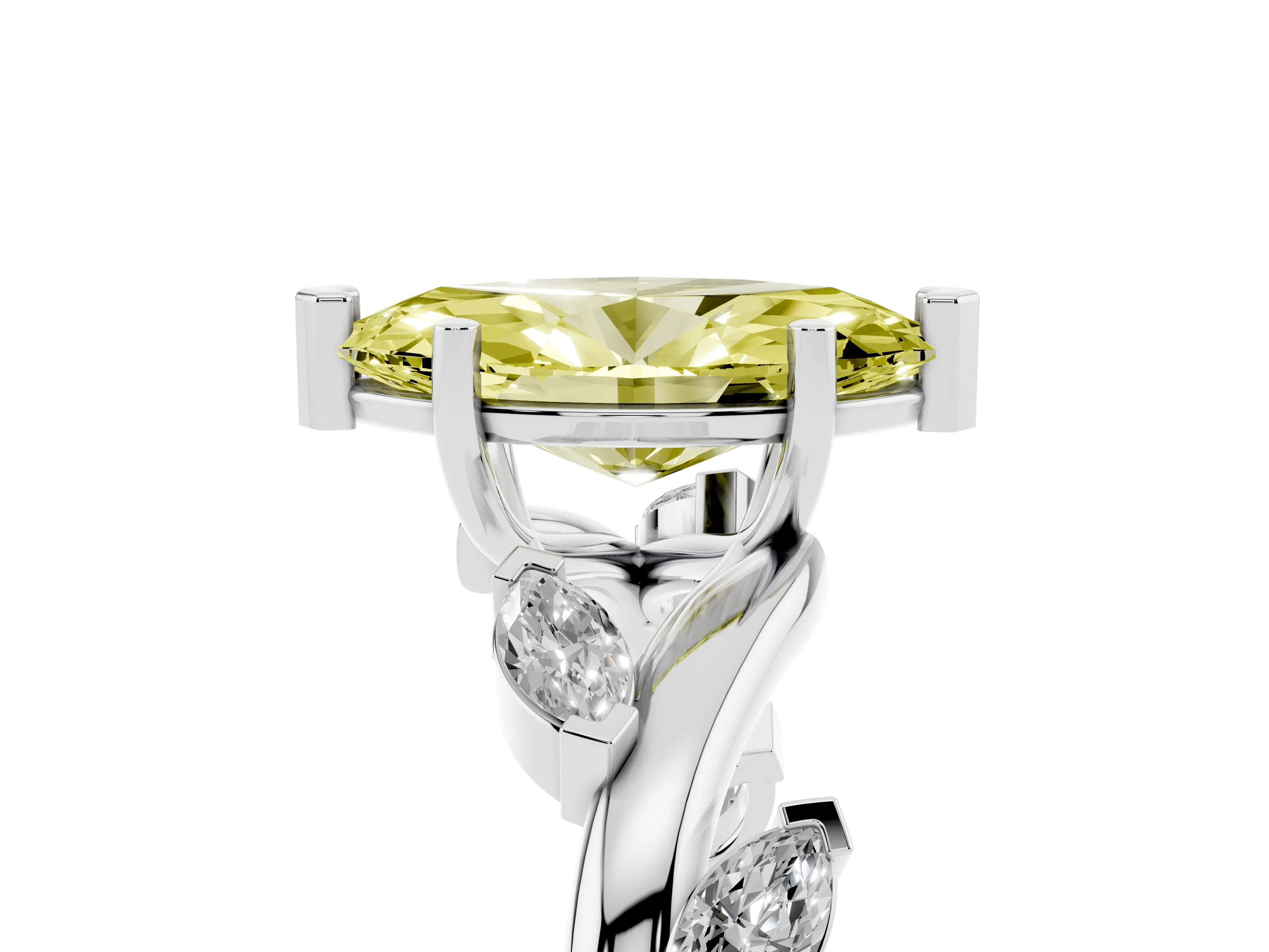 Fancy Yellow Marquise Cut Diamond Solitaire Ring Set in White gold with Twisted Marquise Accent Band