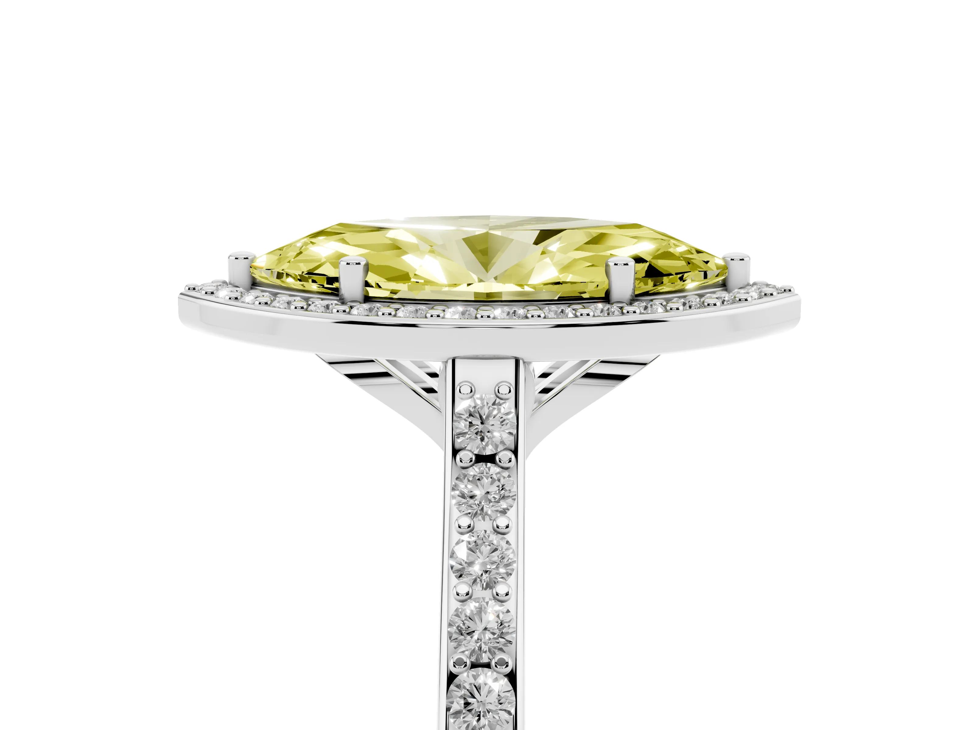 Fancy Yellow Marquise Cut Diamond Halo Engagement Ring Set in Silver with Round Pavé Shoulders and Heart Gallery