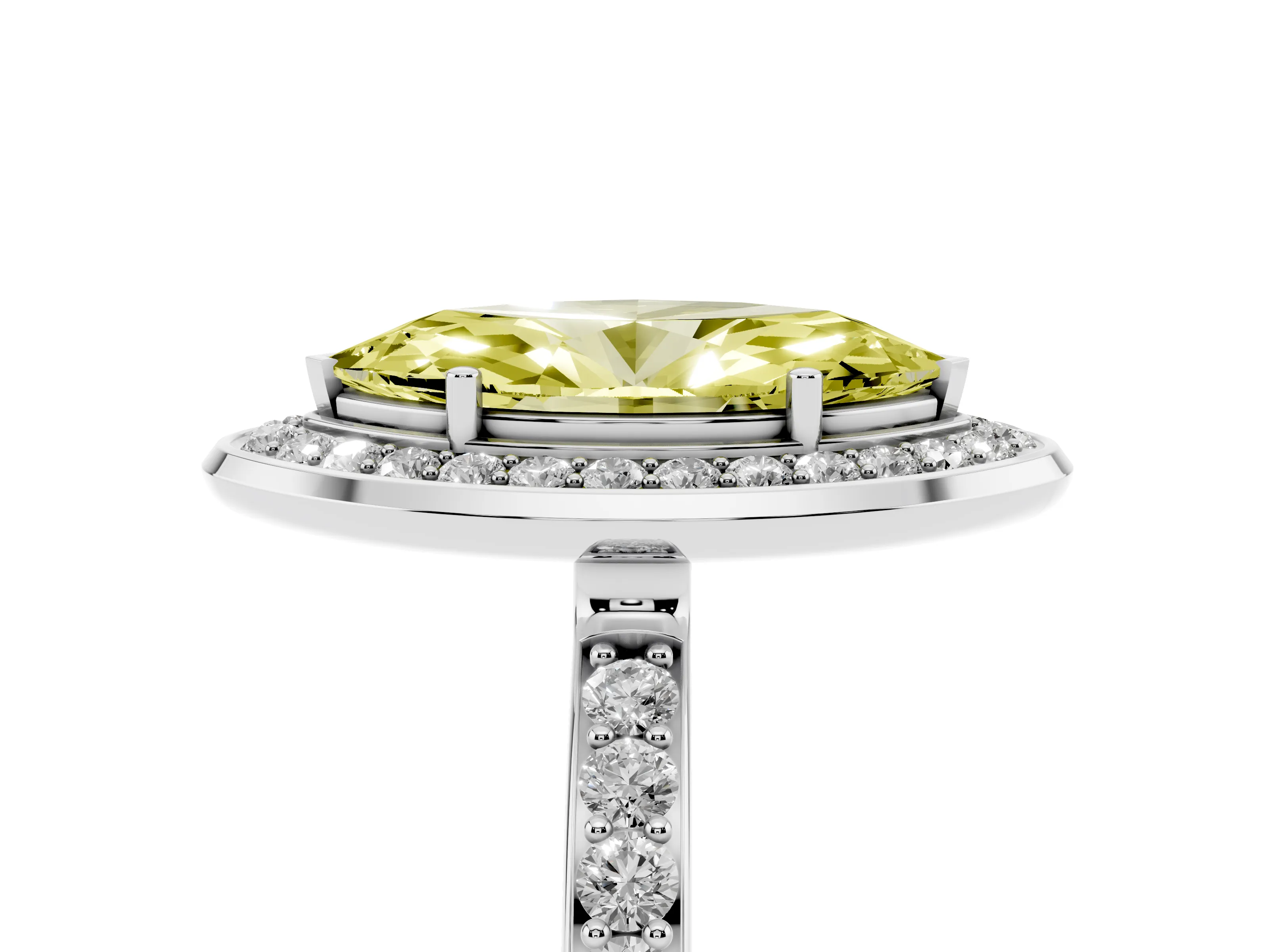 Fancy Yellow Marquise Cut Diamond Halo Ring Set in Silver with Bezel Frame and Pavé Band
