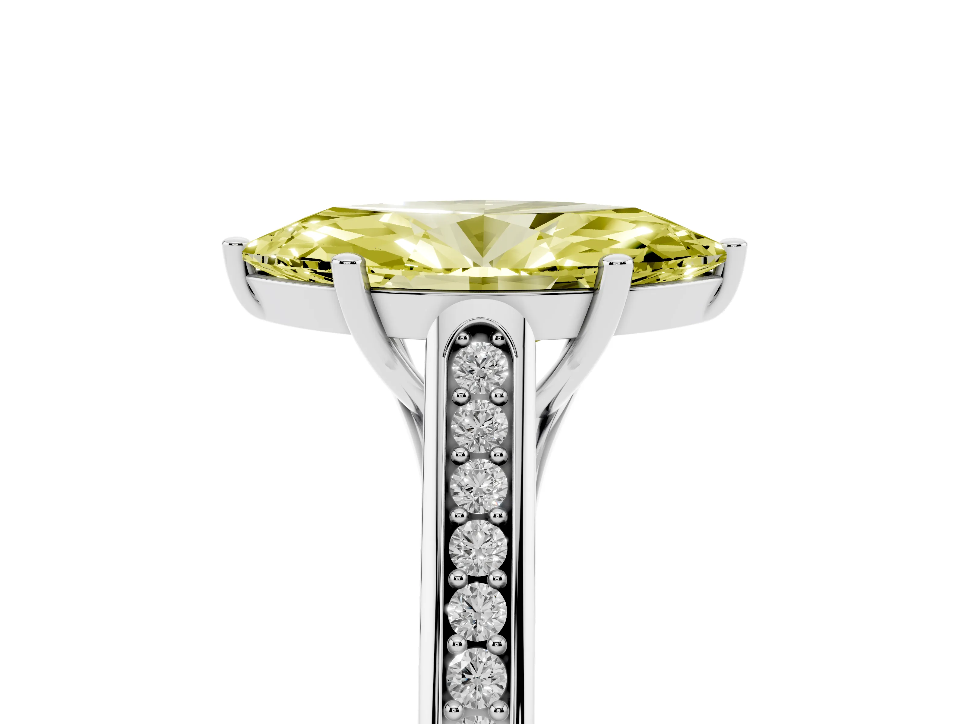 Fancy Yellow Marquise Cut Diamond Solitaire Cathedral Engagement Ring Set in White gold with Channel-Set Band and Prong Setting