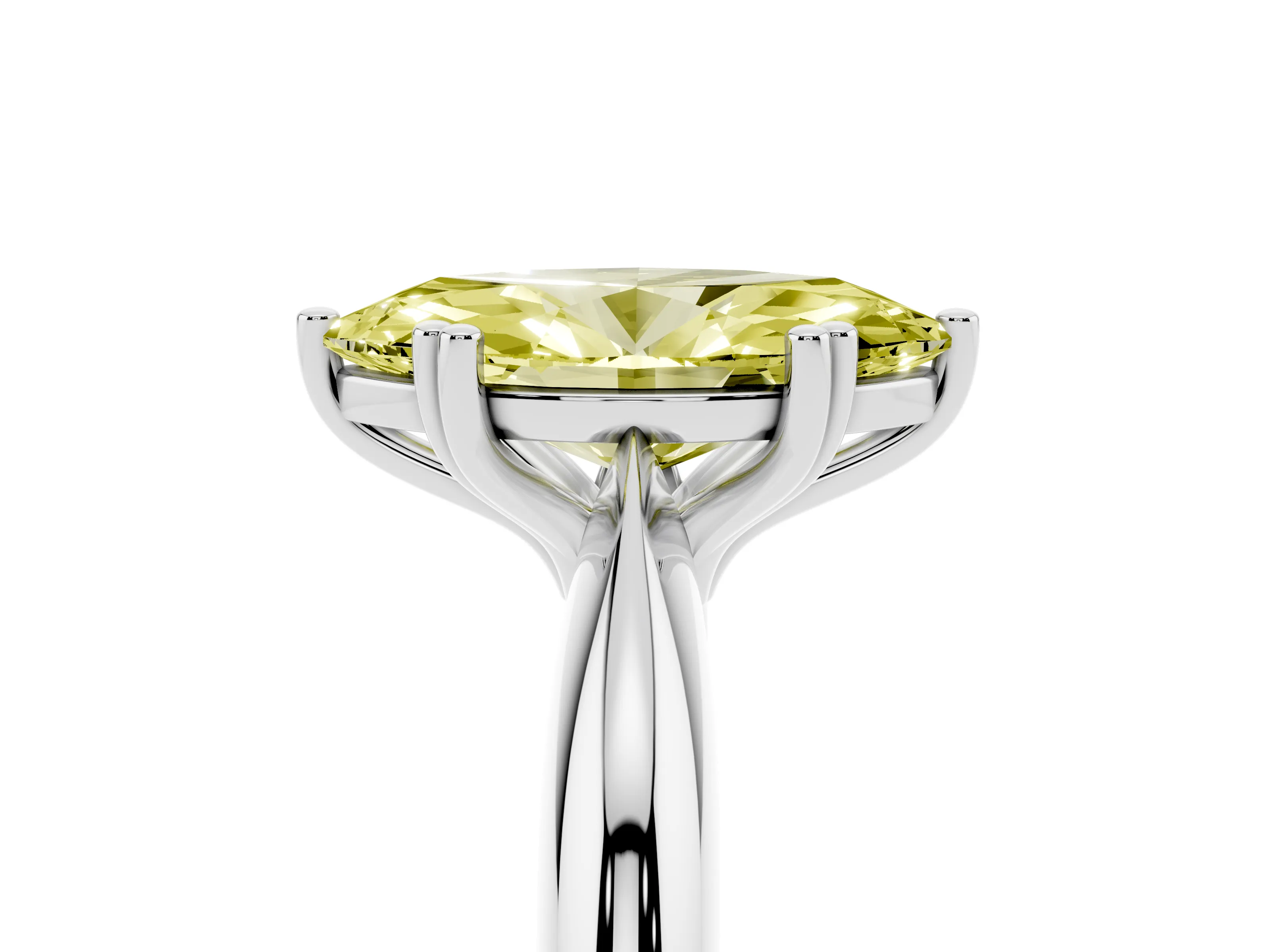 Fancy Yellow Marquise Cut Diamond Solitaire Engagement Ring Set in Platinum with Tapered Band and Prong Setting