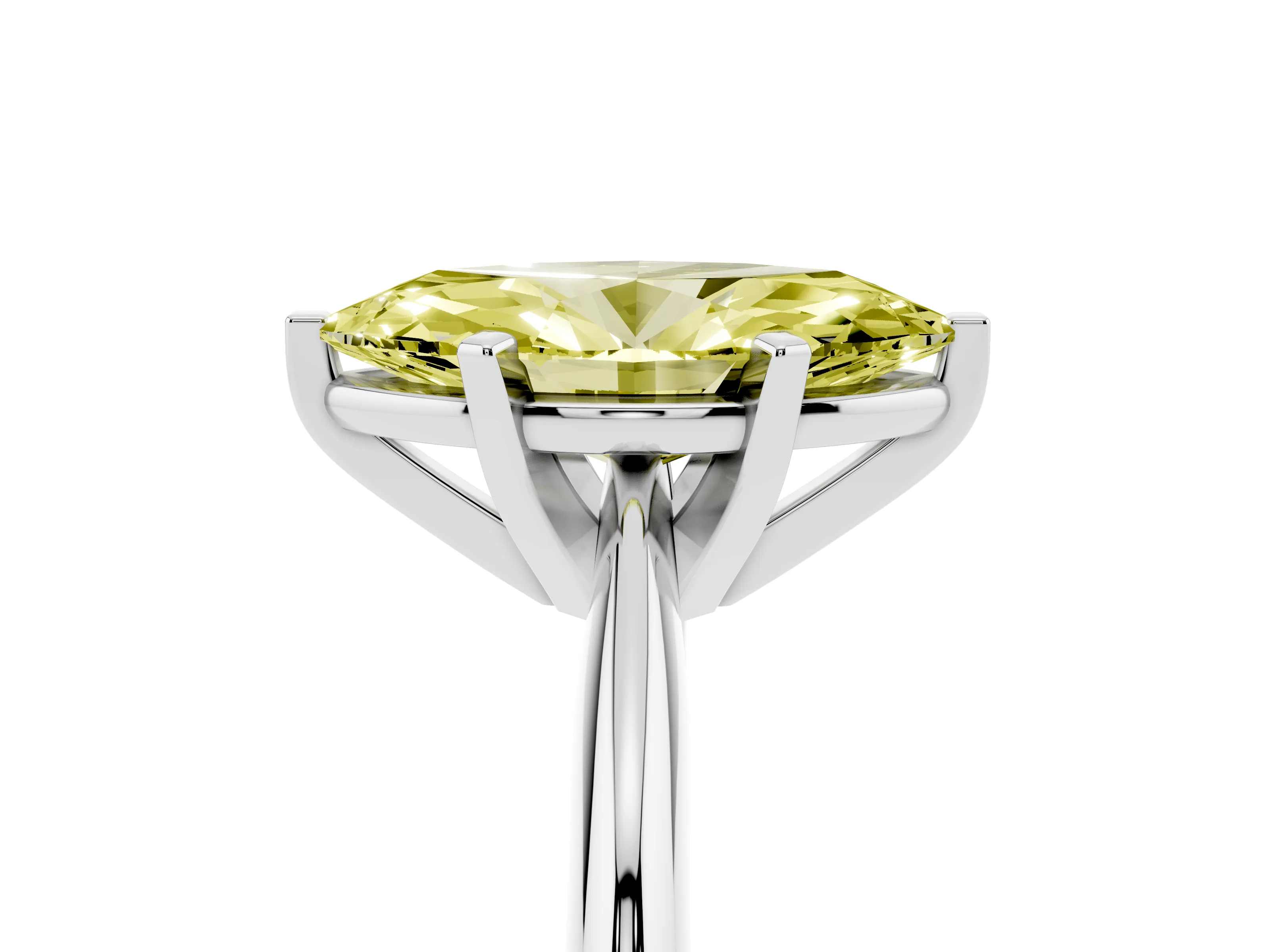 Fancy Yellow Marquise Cut Diamond Solitaire Ring Set in Platinum with Prong Setting on a Plain Round Band