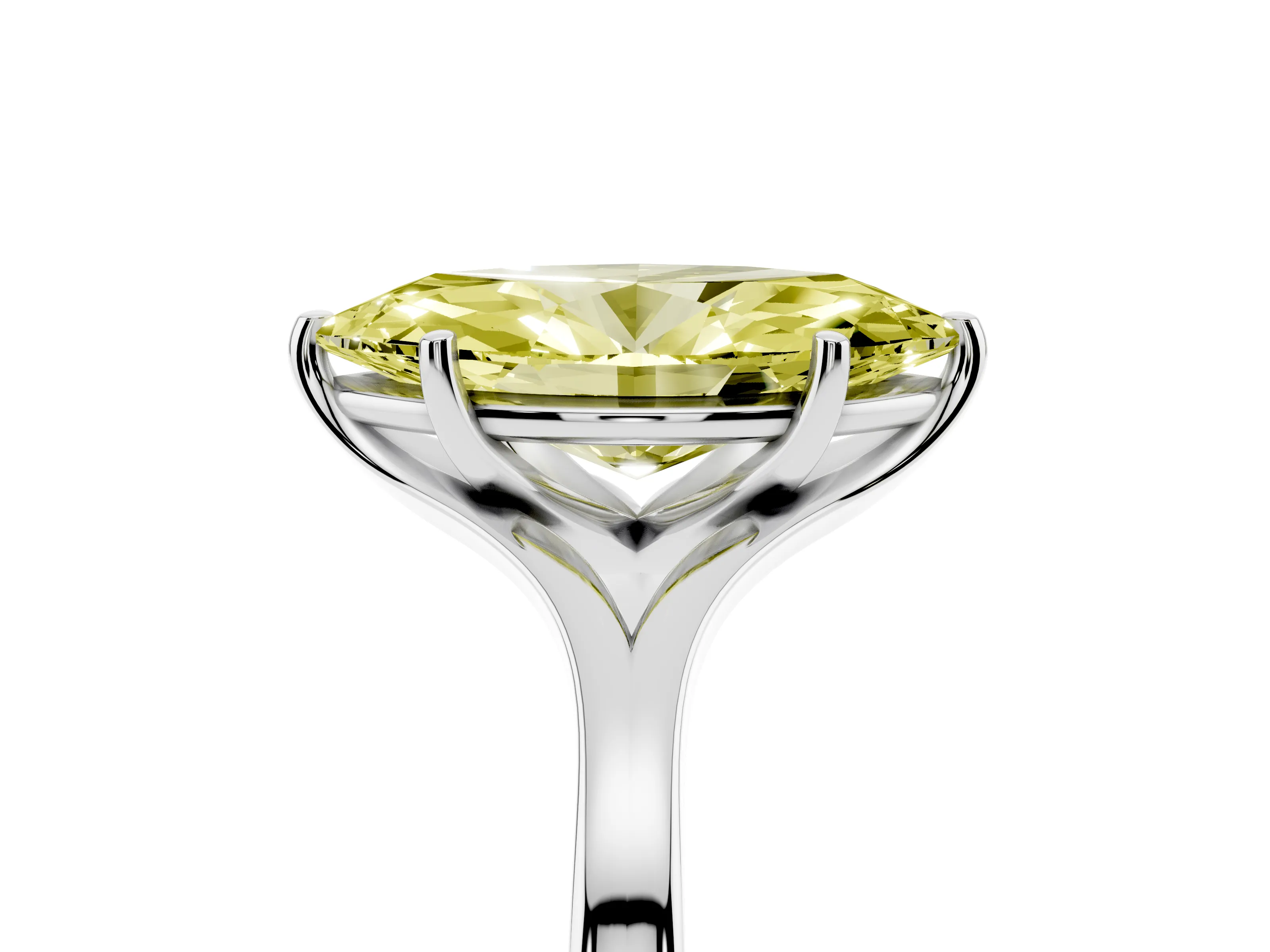Fancy Yellow Marquise Cut Diamond Solitaire Ring Set in White gold with Polished Tapered Band and Prong Setting