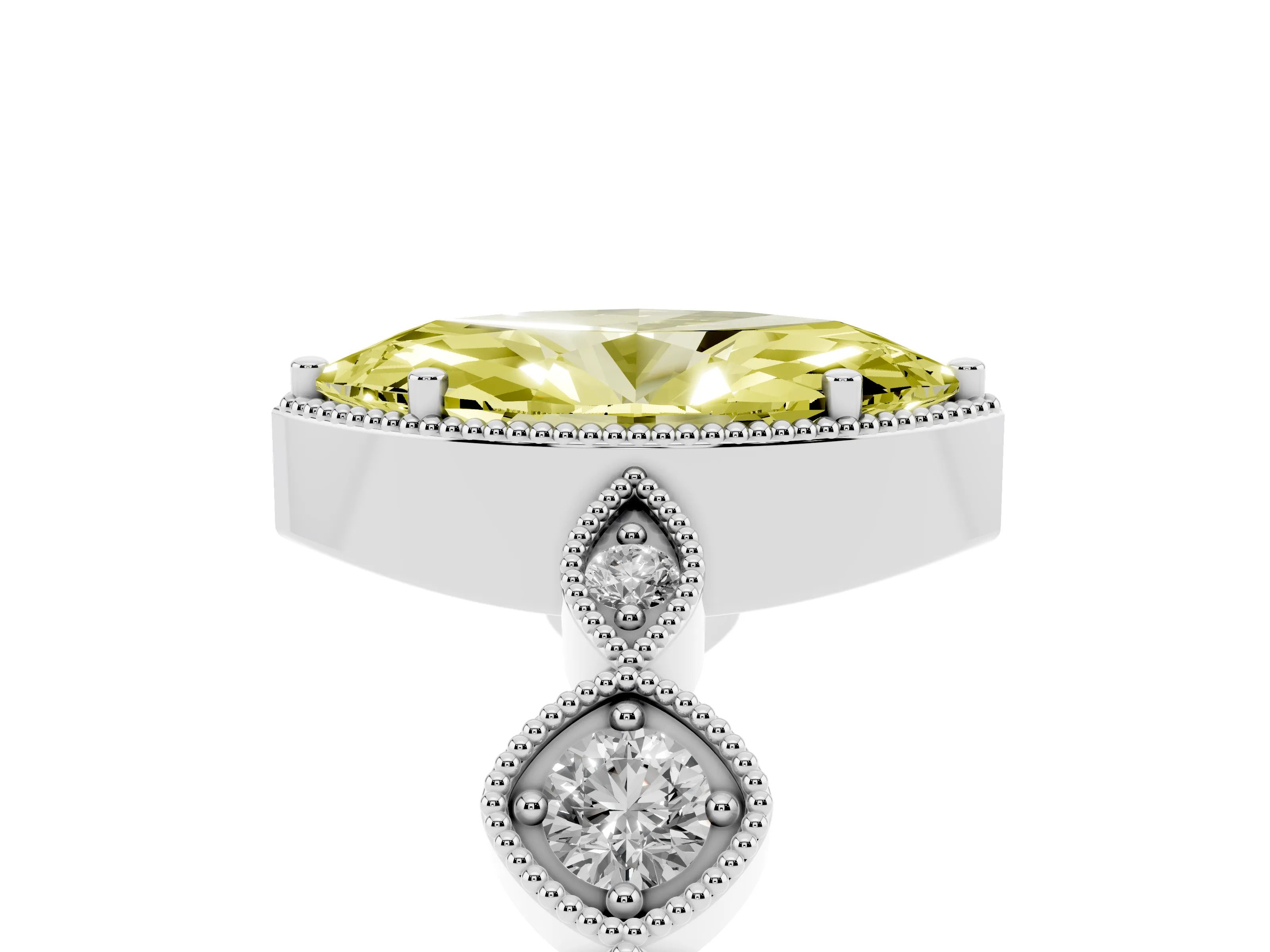 Fancy Yellow Marquise Cut Diamond Vintage-Inspired Milgrain Ring Set in Silver with Marquise Stations of Round Accents