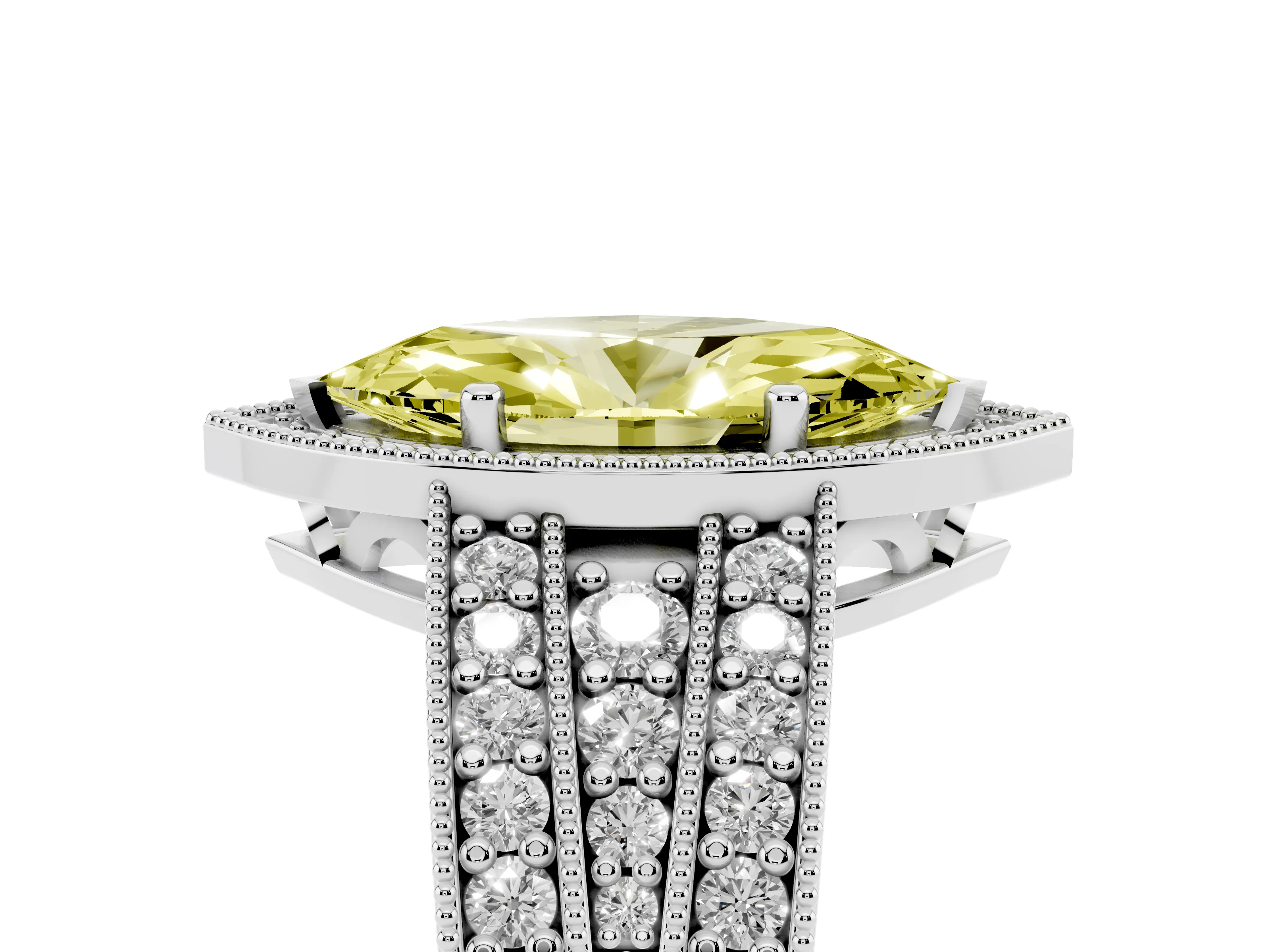 Fancy Yellow Marquise Cut Diamond Halo Ring Set in Silver with Accent Split Shank and Prong Setting