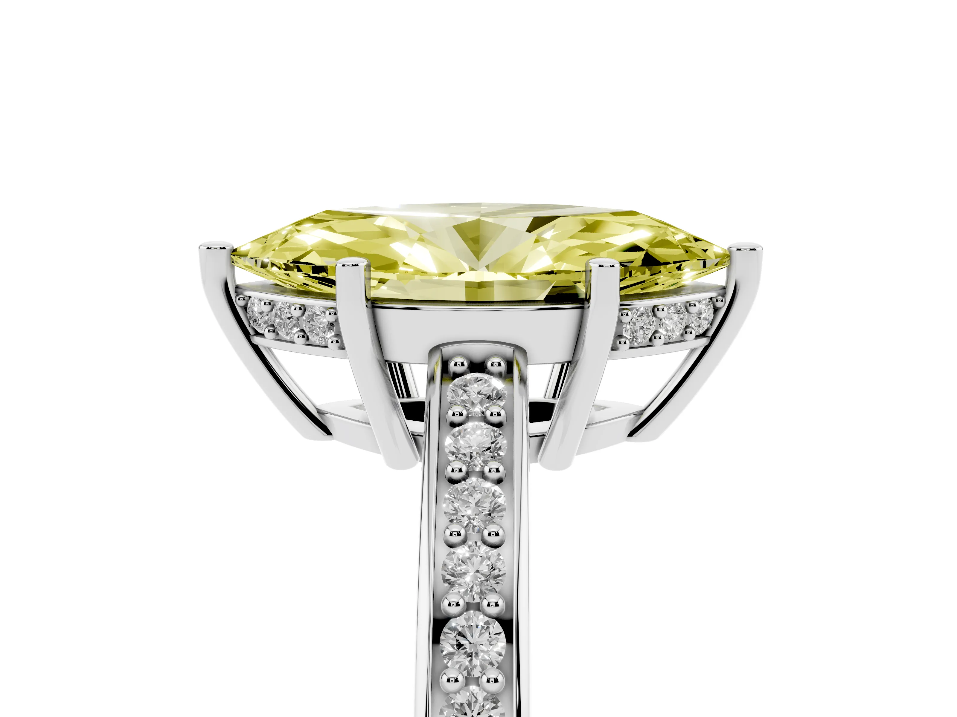 Fancy Yellow Marquise Cut Diamond Pavé Band Prong Set Solitaire Ring Set in Platinum