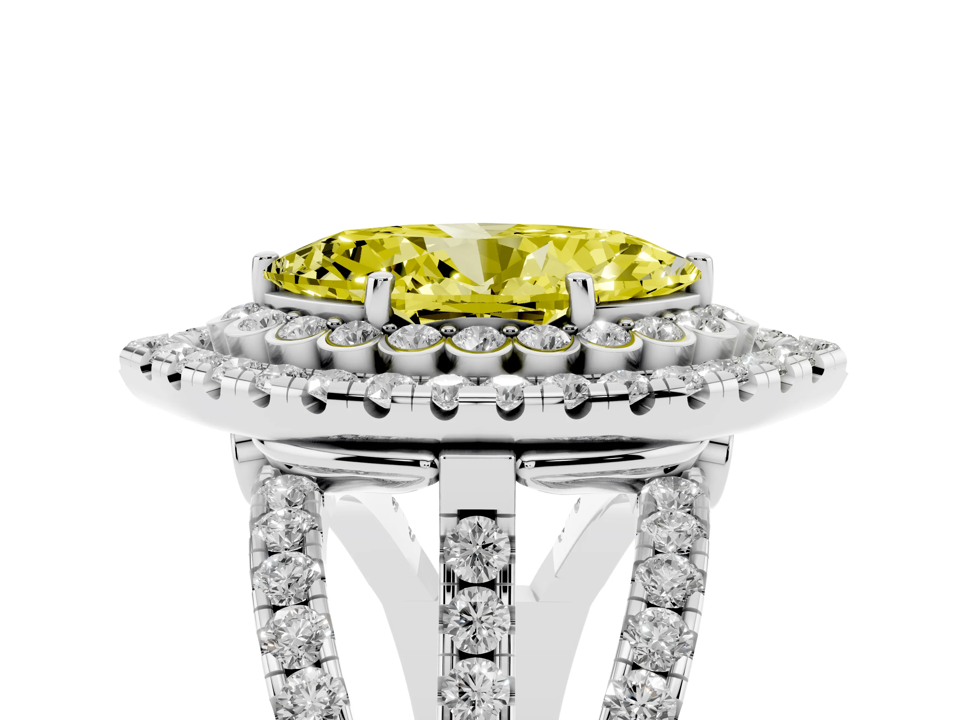 Fancy Yellow Marquise Cut Diamond Double Halo Ring Set in White gold with Round Pavé Split Shank
