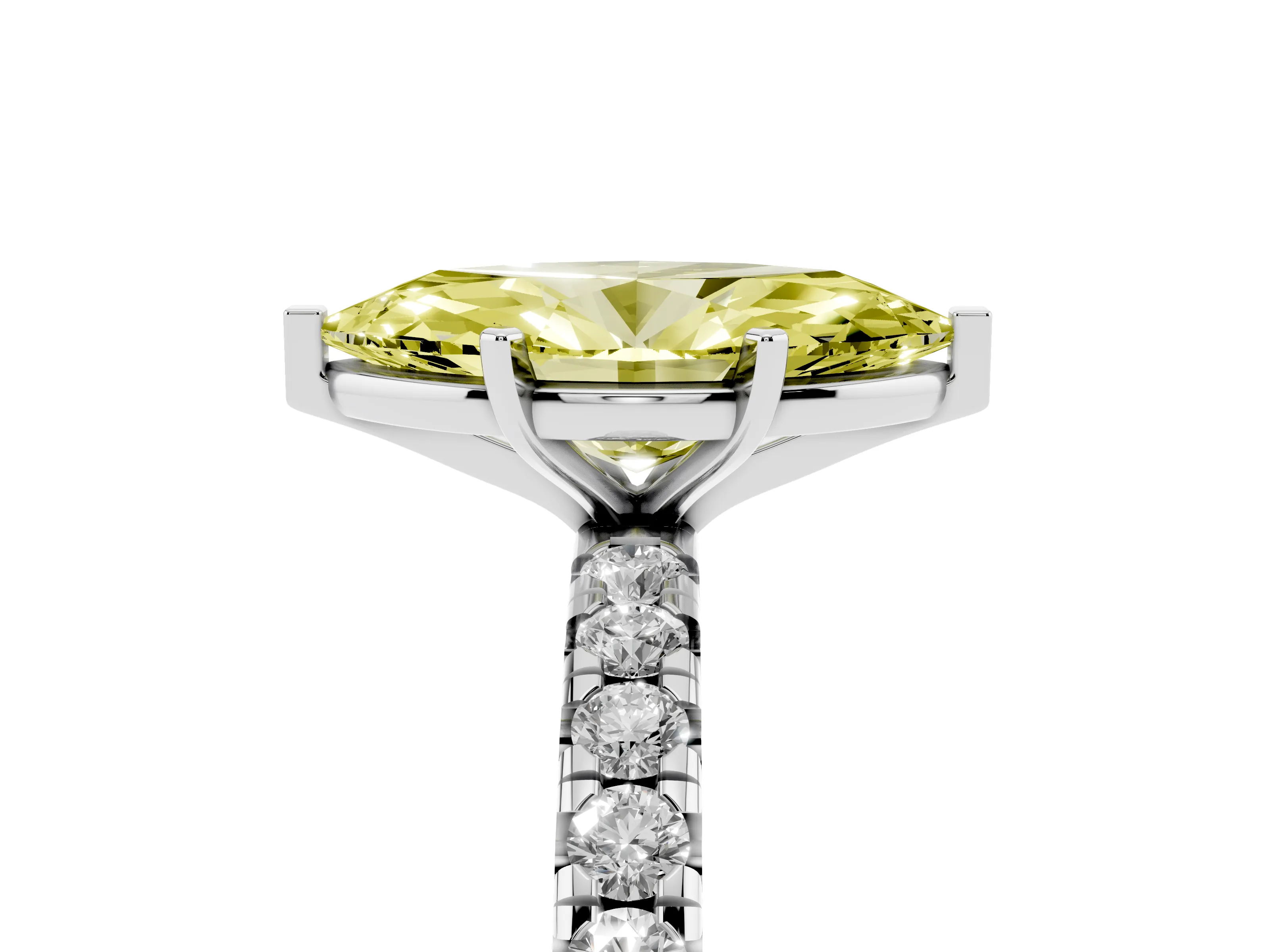 Fancy Yellow Marquise Cut Diamond Pavé Solitaire Ring Set in Silver with Round Band and Prong Setting