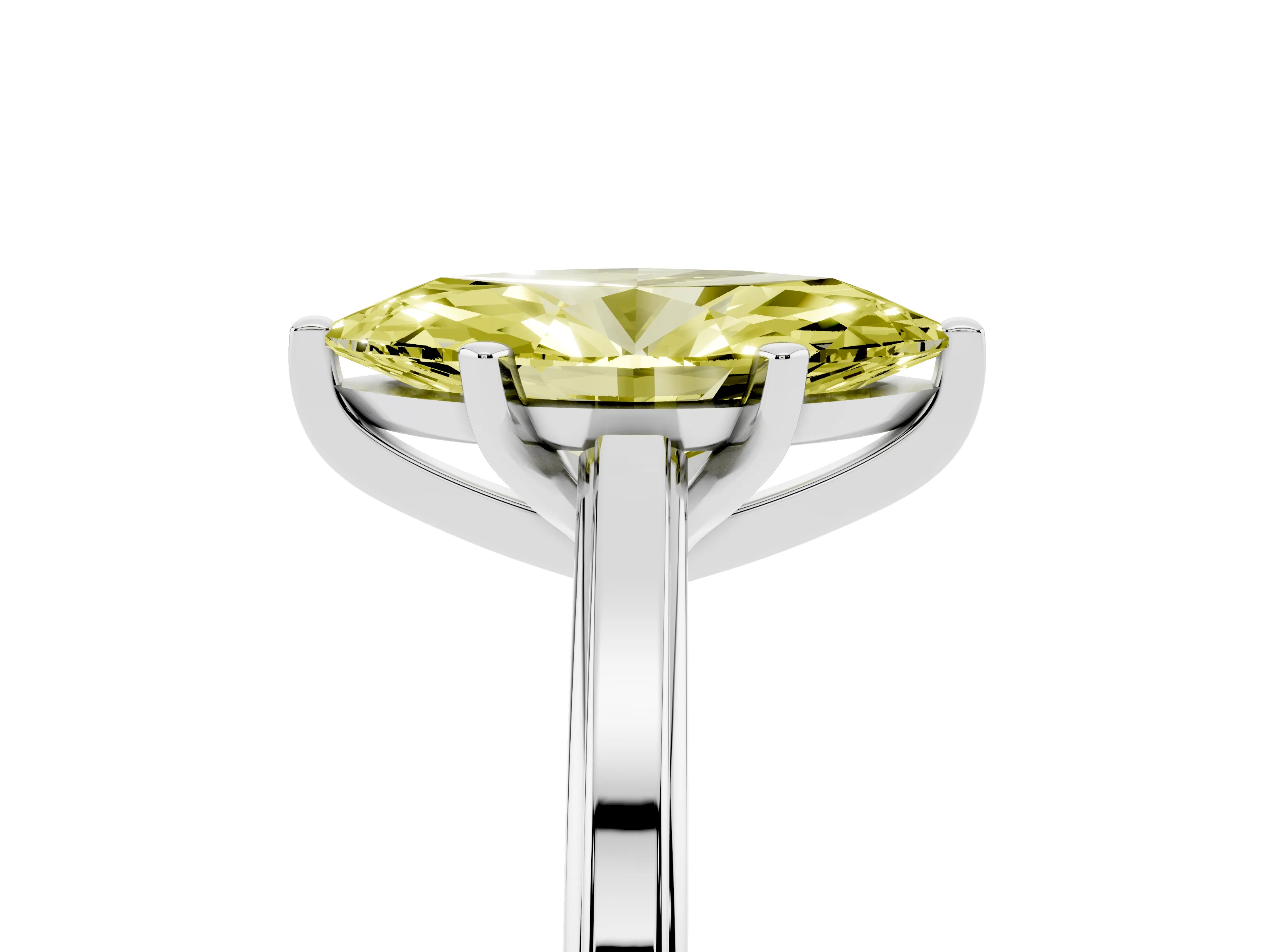 Fancy Yellow Marquise Cut Diamond Solitaire Ring Set in Platinum with Prong Setting and Classic Band
