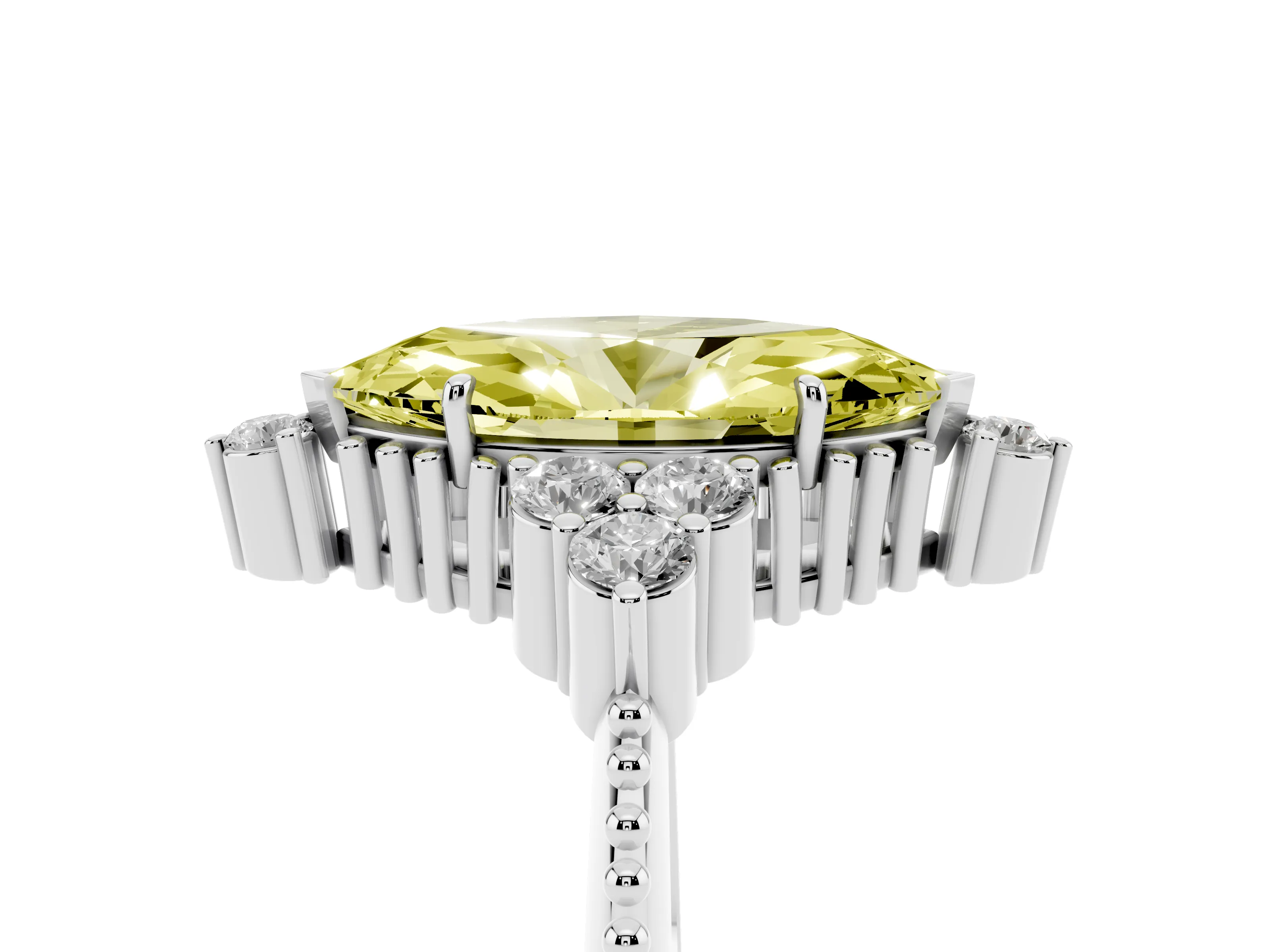 Fancy Yellow Marquise Cut Diamond Cluster Ring Set in White gold with Beaded Band