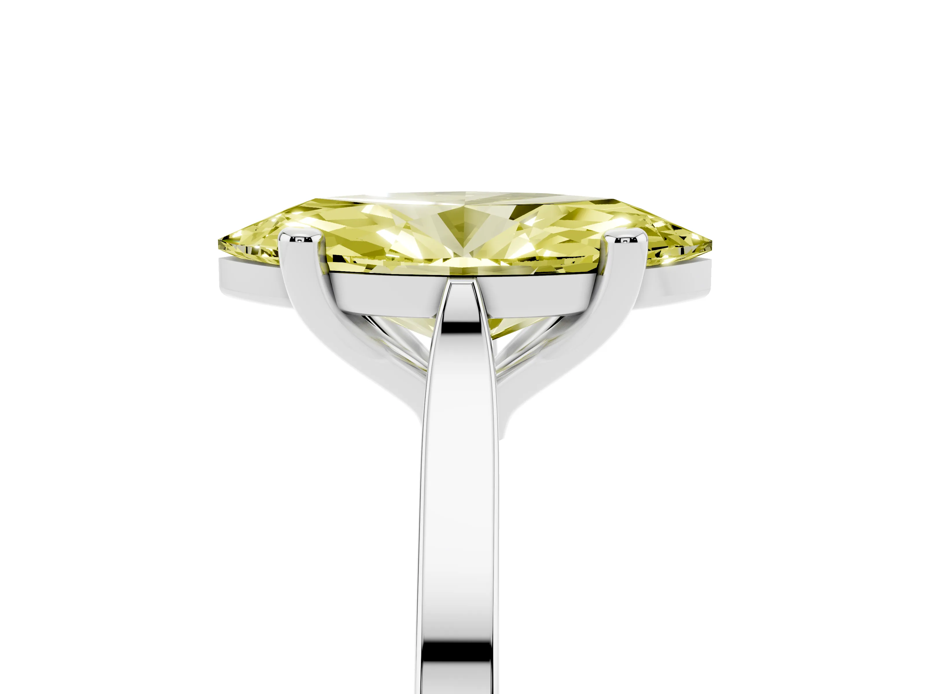Fancy Yellow Marquise Cut Diamond Solitaire Ring Set in White gold with Prong Setting and Tapered Band