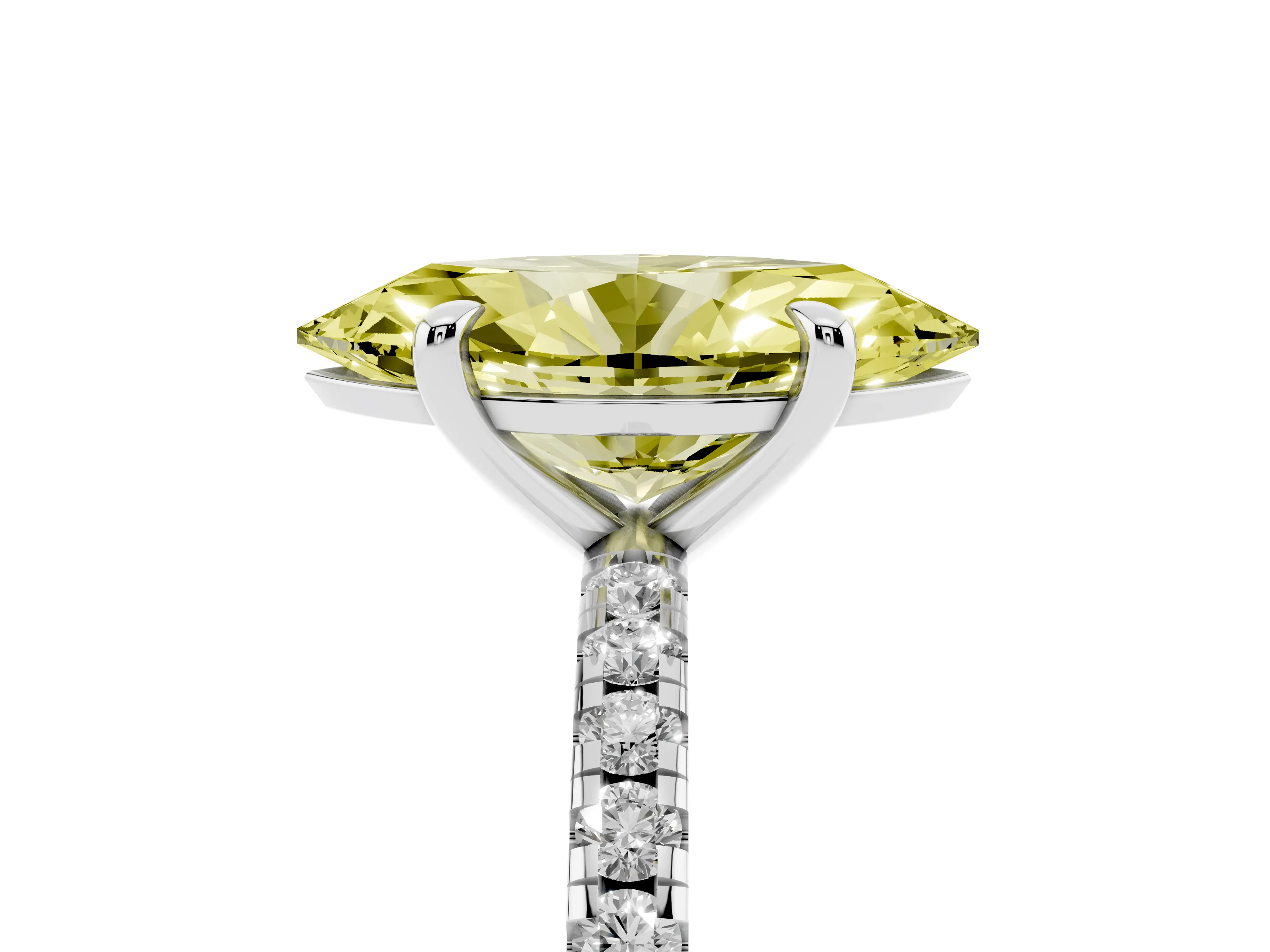 Fancy Yellow Marquise Cut Diamond Brilliant Solitaire Ring Set in White gold with Pavé Band and Prong Setting