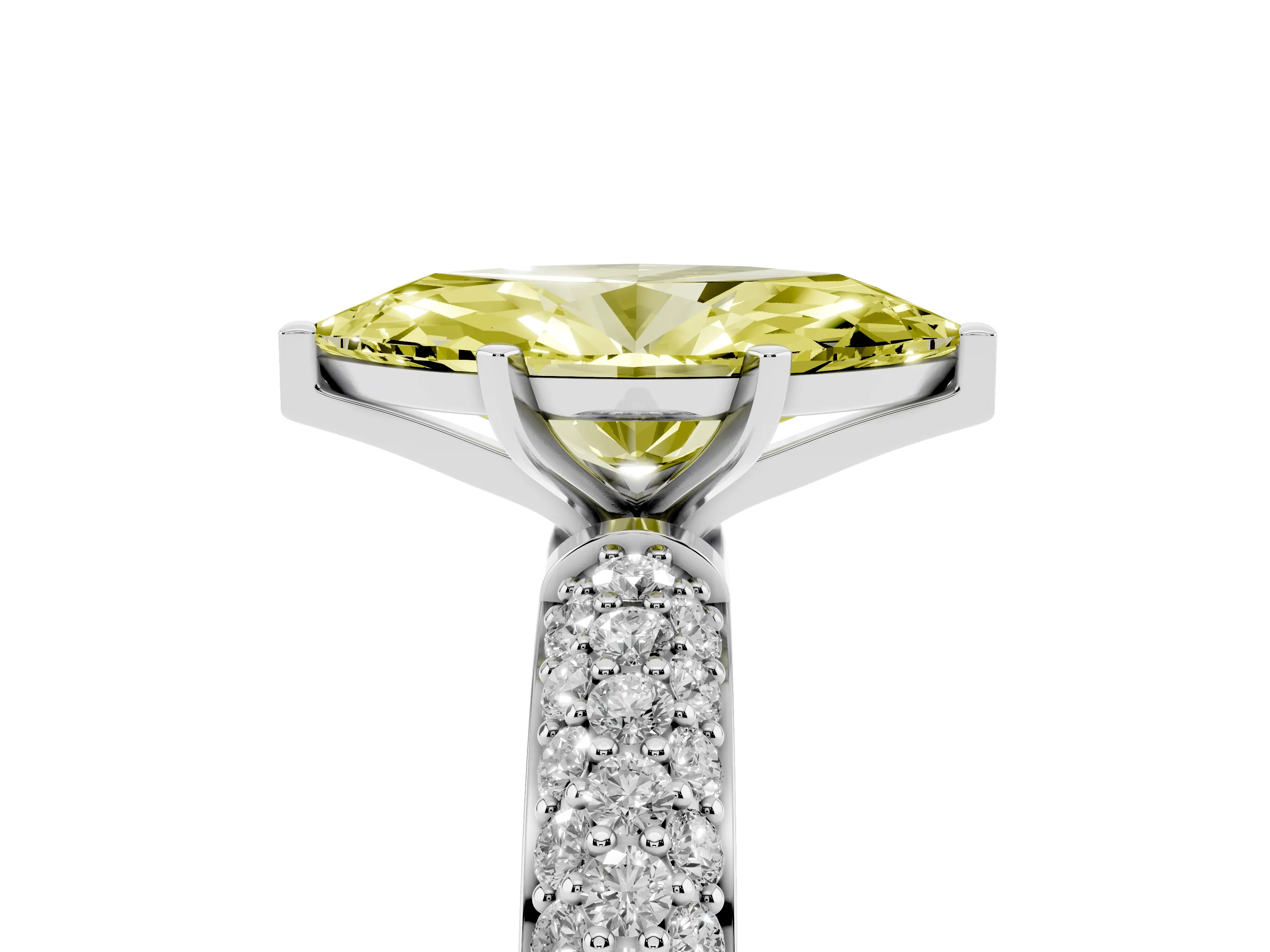 Fancy Yellow Marquise Cut Diamond Solitaire Ring Set in Platinum with Prong Setting and Pavé-Set Band
