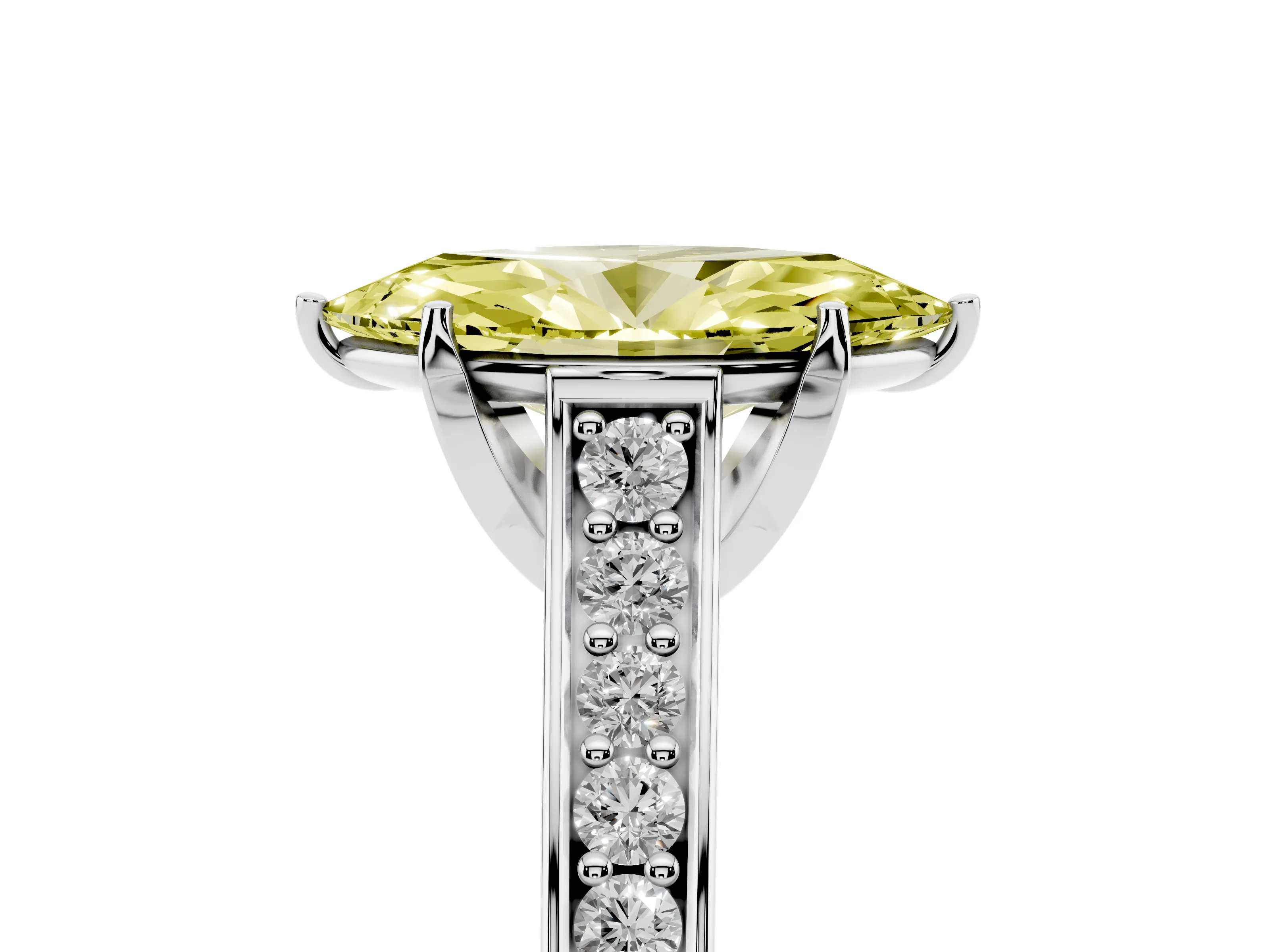 Fancy Yellow Marquise Cut Diamond Solitaire Pavé Engagement Ring Set in White gold with Prong Setting