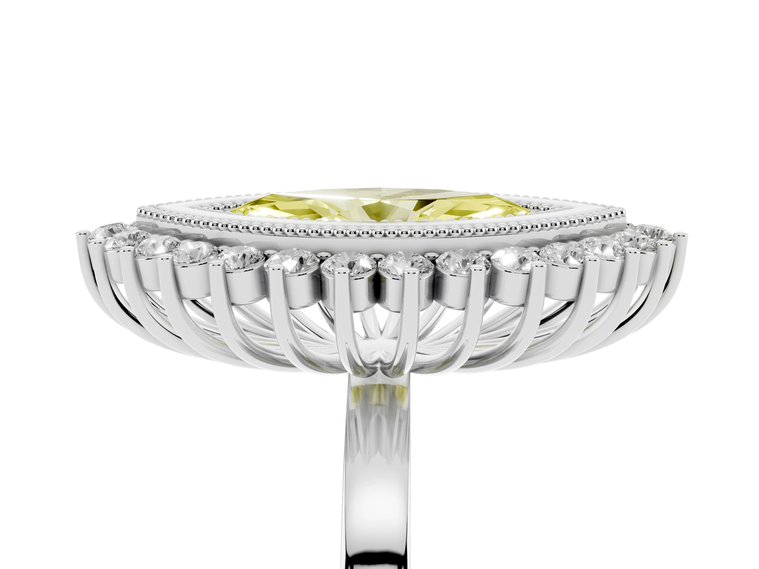 Fancy Yellow Marquise Cut Diamond Halo Ring Set in Platinum with Milgrain Edge and Round Prong Setting