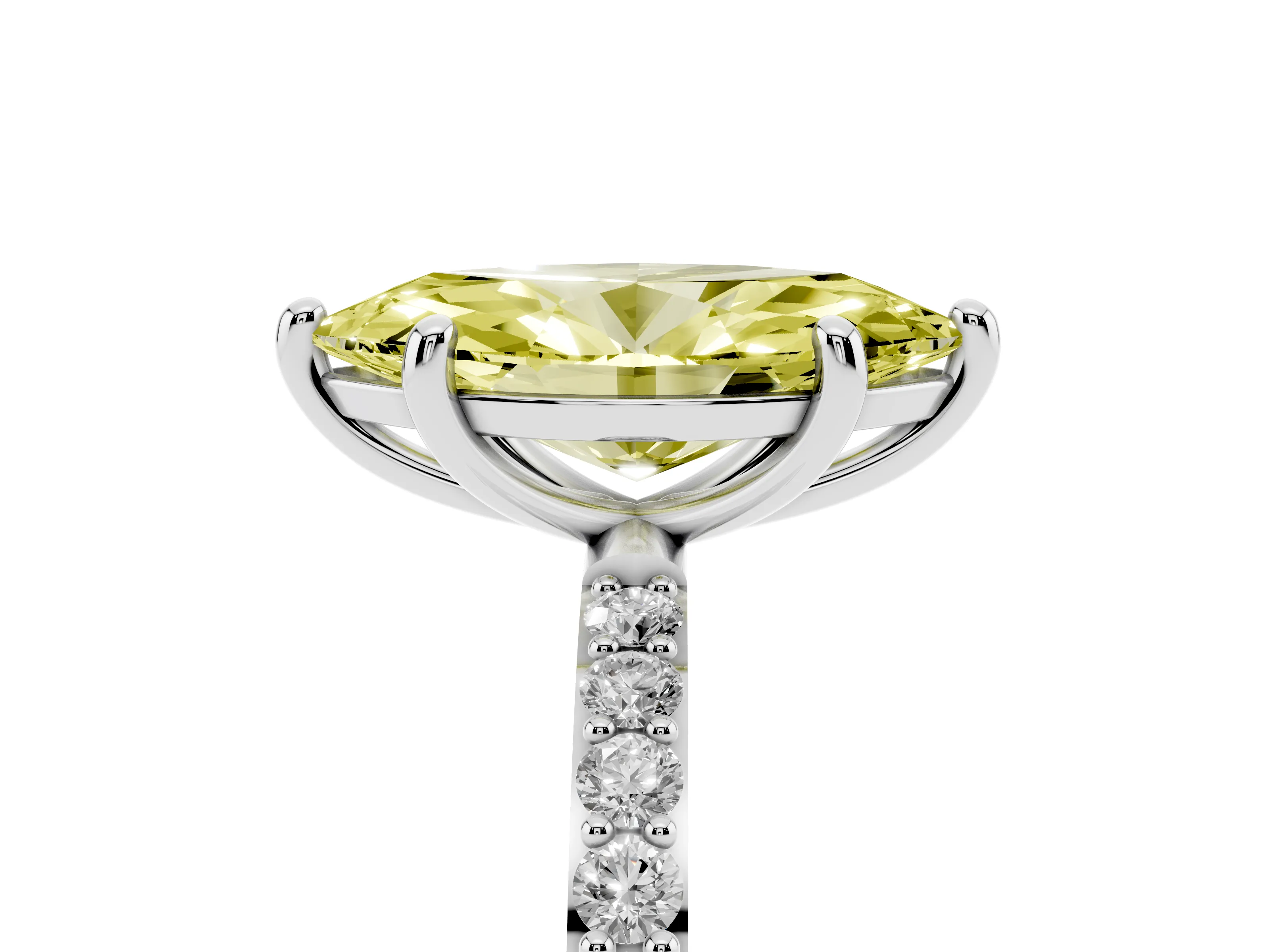 Fancy Yellow Marquise Cut Diamond Solitaire Ring Set in Platinum with Round Pavé Band and Prong Setting