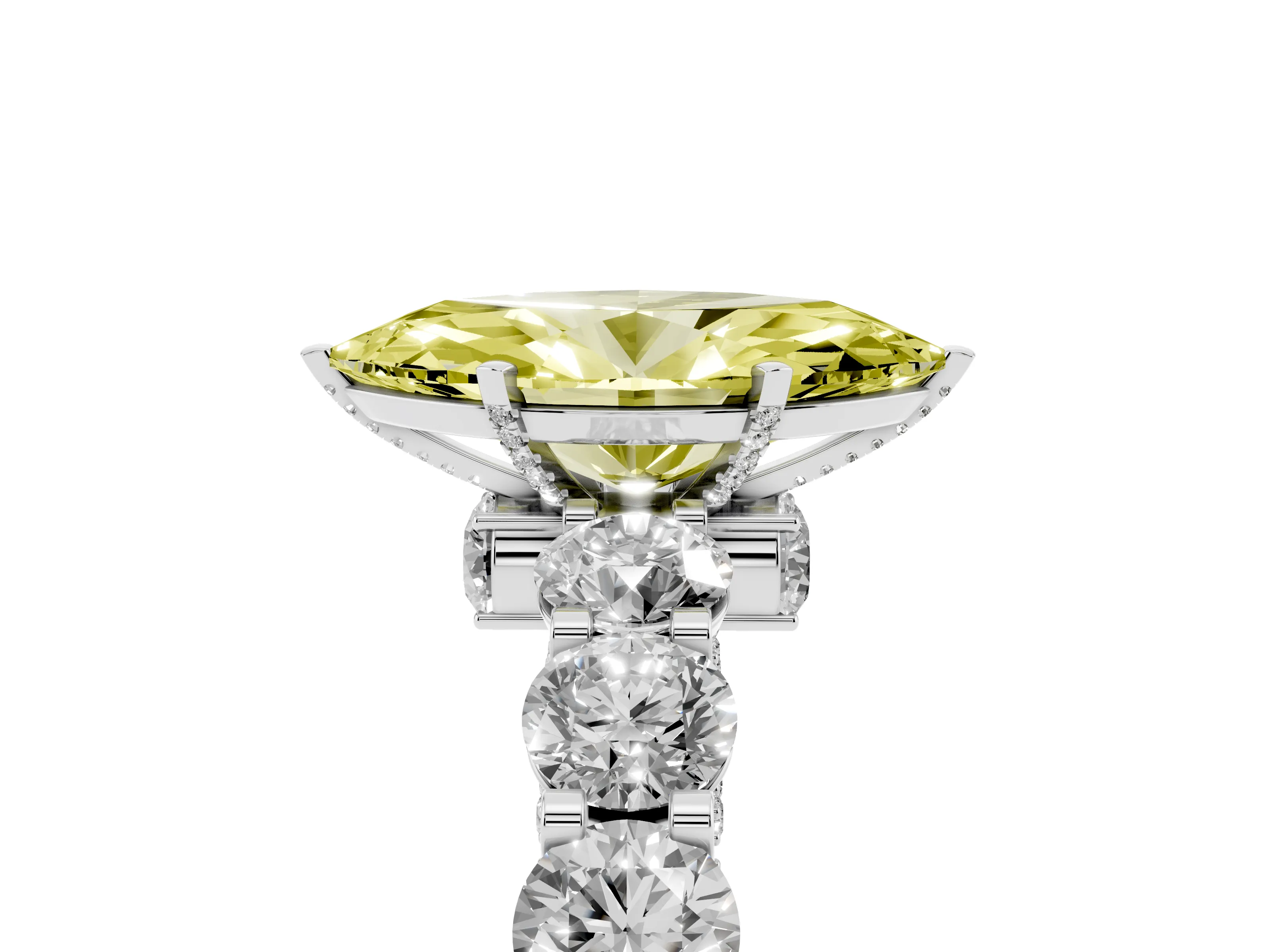 Fancy Yellow Marquise Cut Diamond Side Stone Ring Set in Silver with Alternating Round and Oval Side Stones