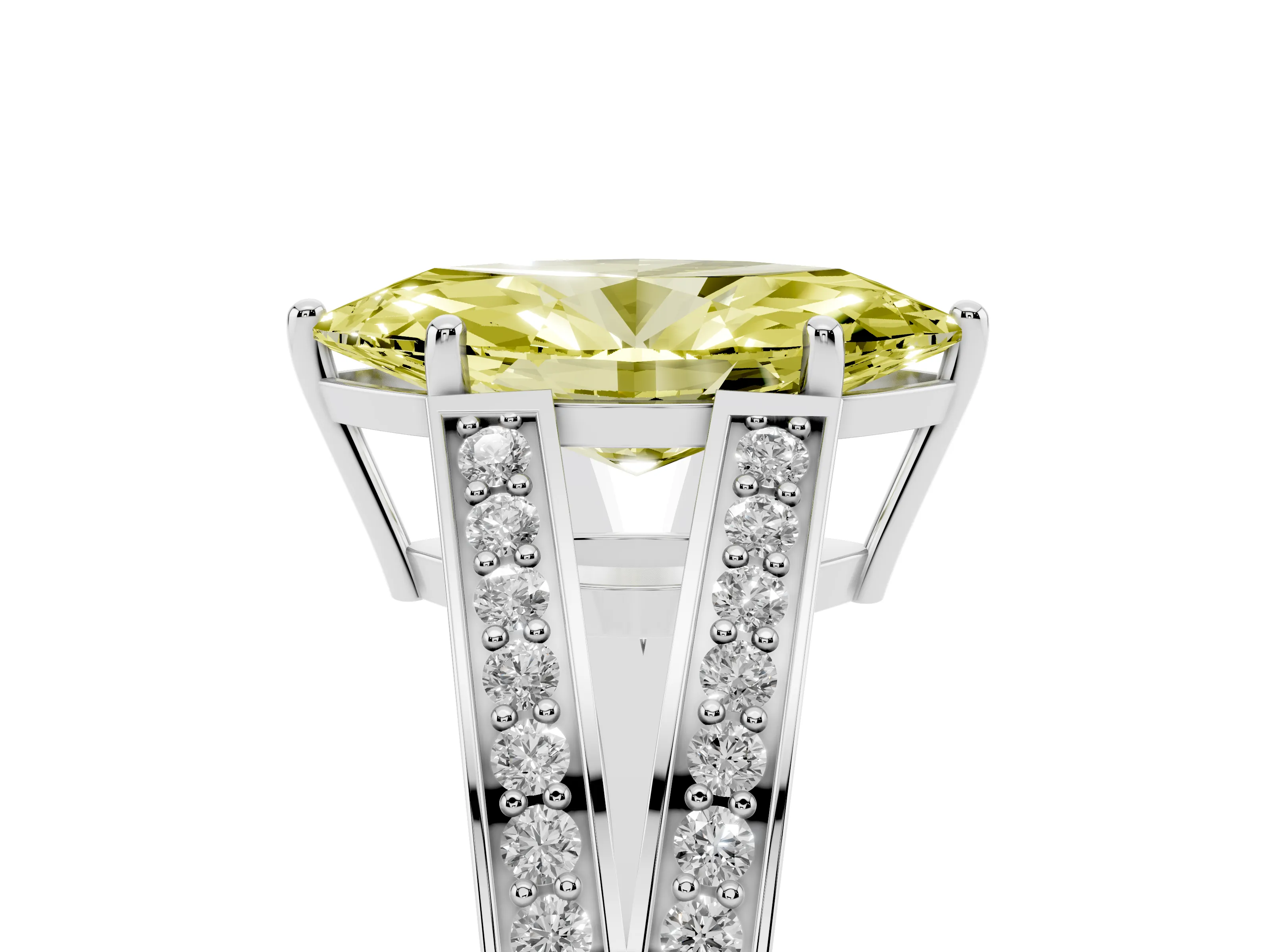 Fancy Yellow Marquise Cut Diamond Split Shank Ring Set in Silver with Pavé Band and Prong Setting