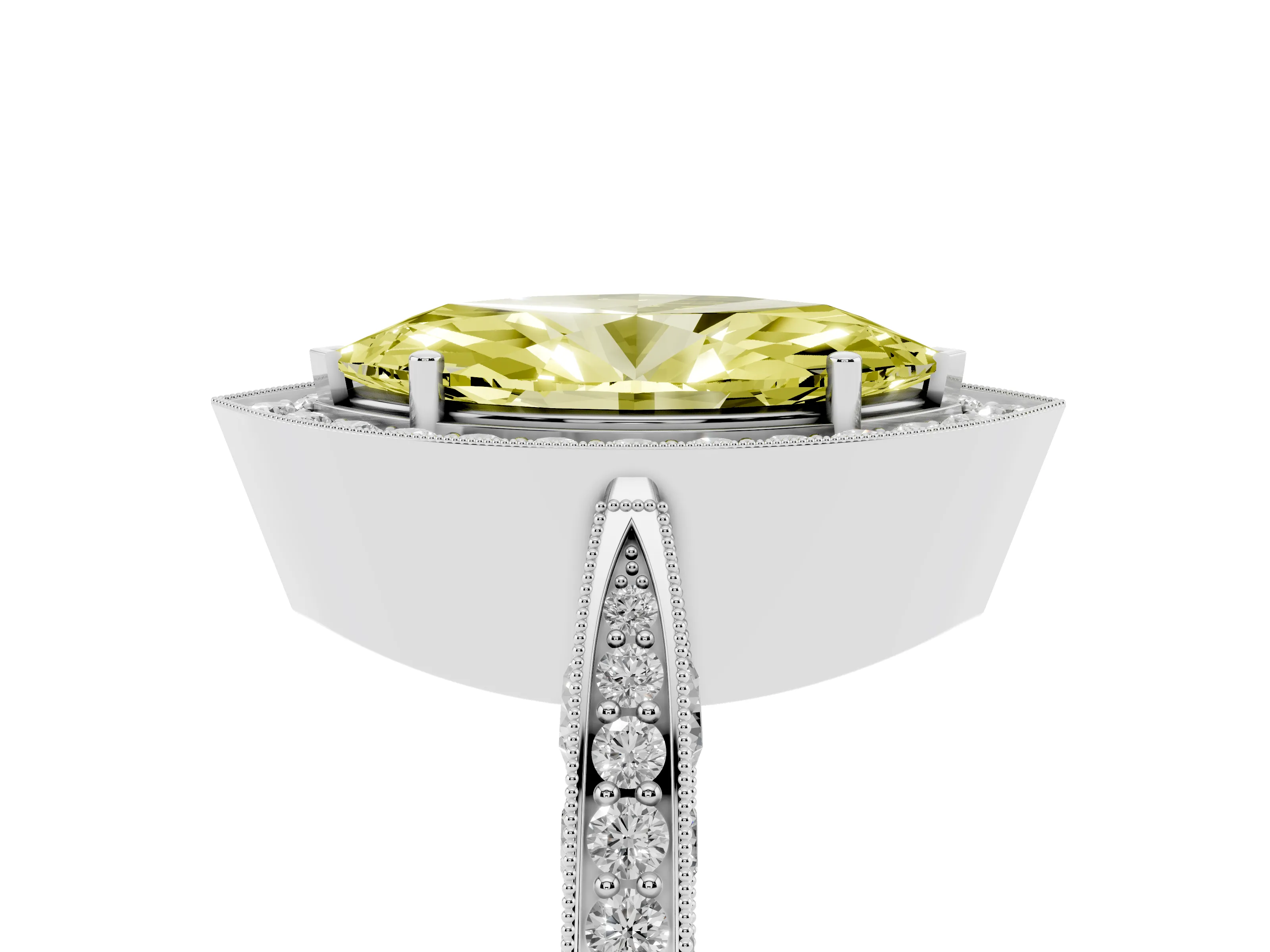 Fancy Yellow Marquise Cut Diamond Halo Engagement Ring Set in White gold with Accent Split Shank Band