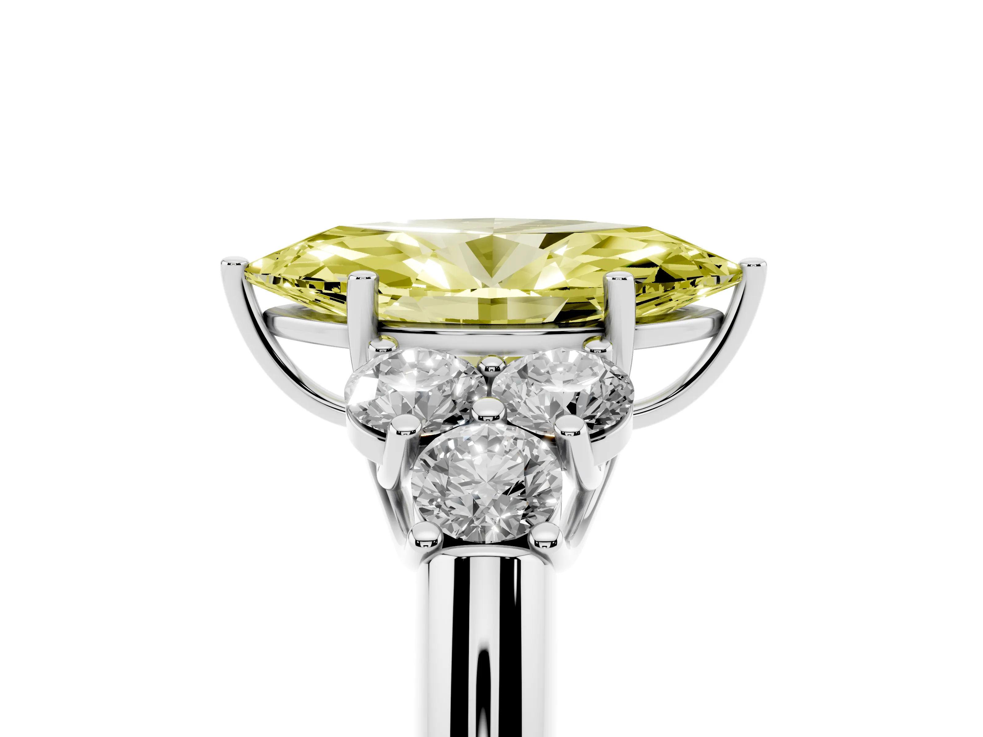 Fancy Yellow Marquise Cut Diamond Cluster Ring Set in Platinum with Round Accent Stones and Prong Setting on a Plain Band