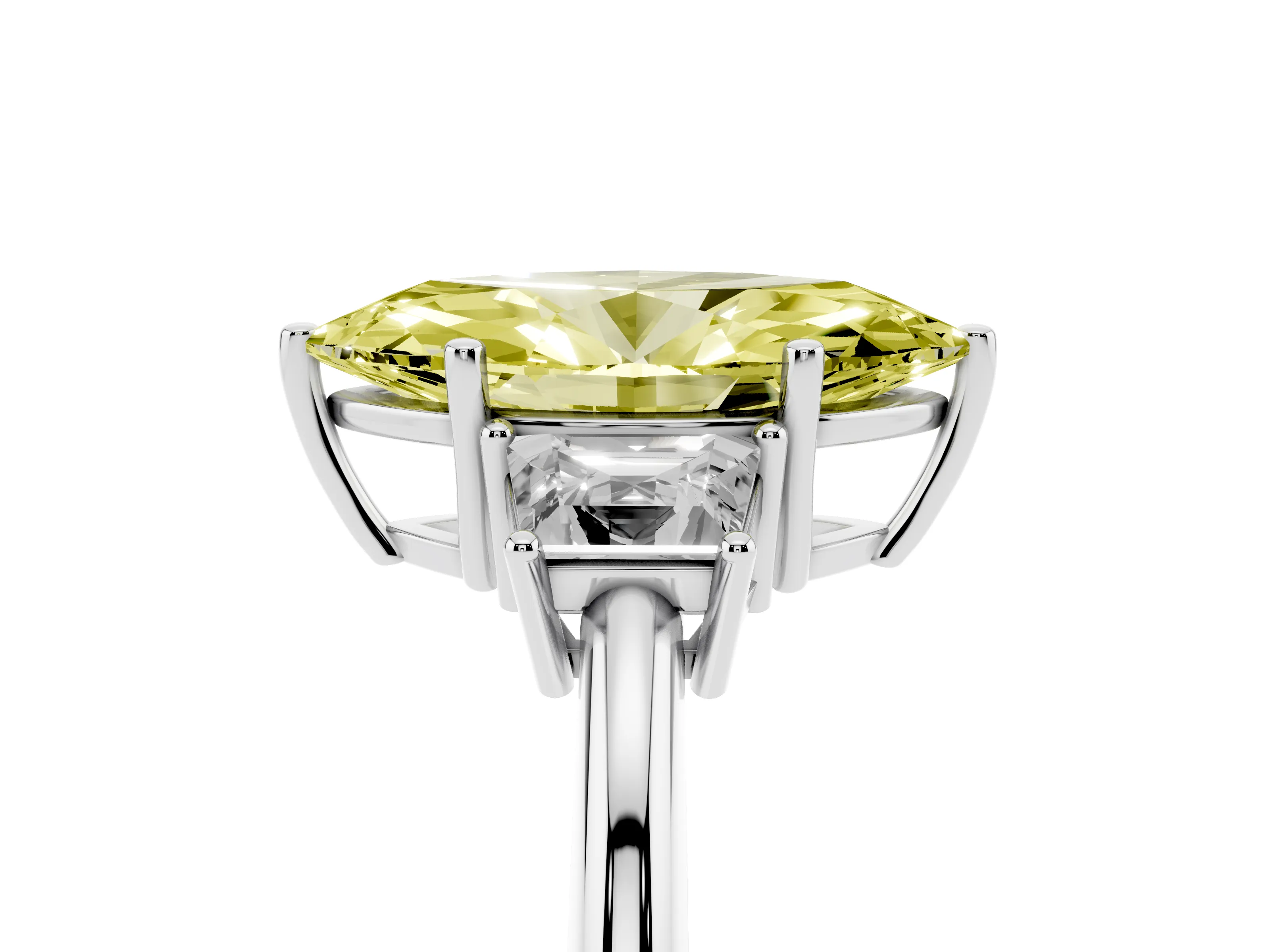 Fancy Yellow Marquise Cut Diamond Three-Stone Ring Set in Platinum with Trapezoid Side Stones and Prong Setting